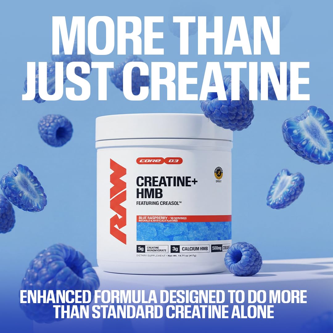 RAW Creatine Plus Blue Raspberry powder in a glass