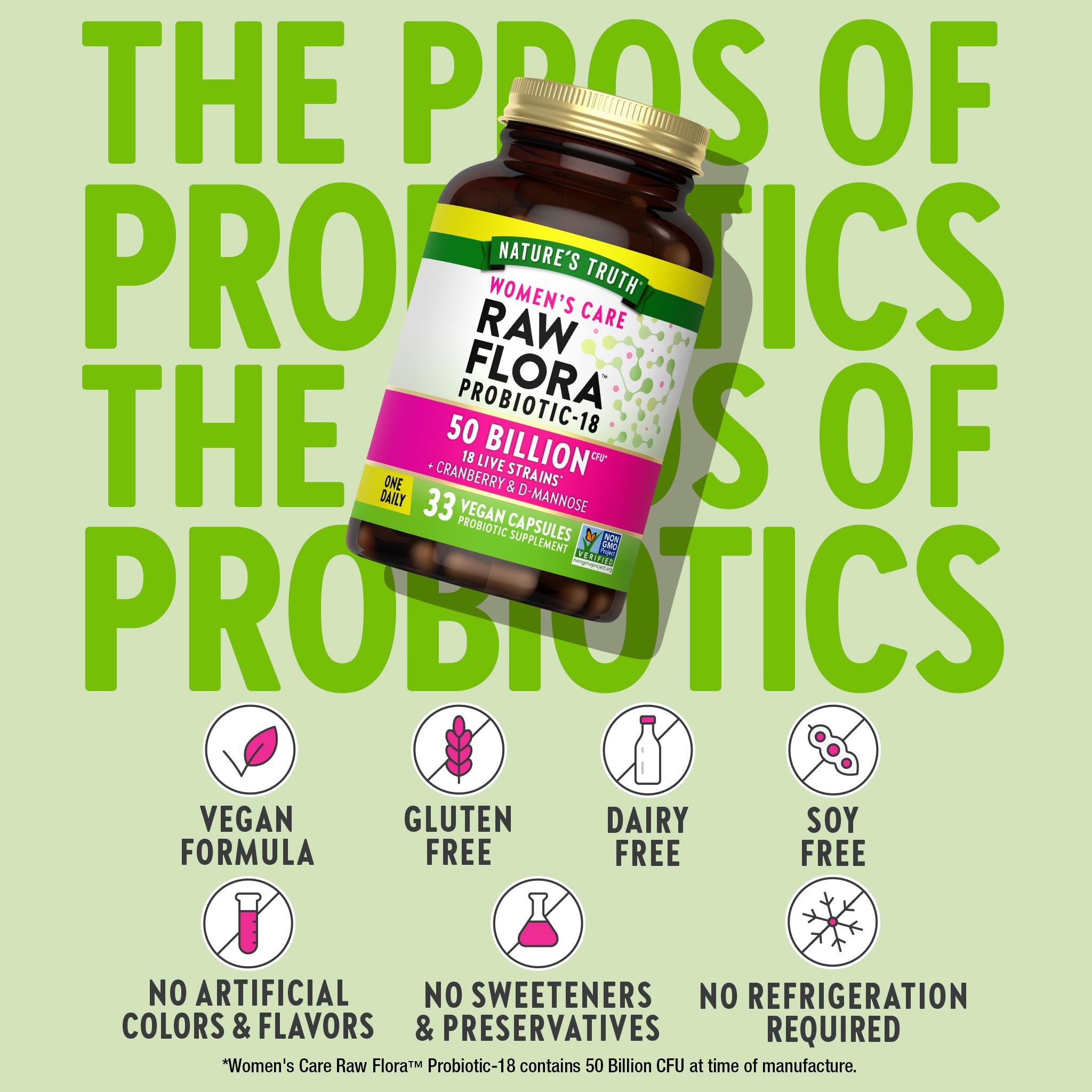 Raw Flora Women's Probiotic 50 Billion CFU capsule on a wooden table