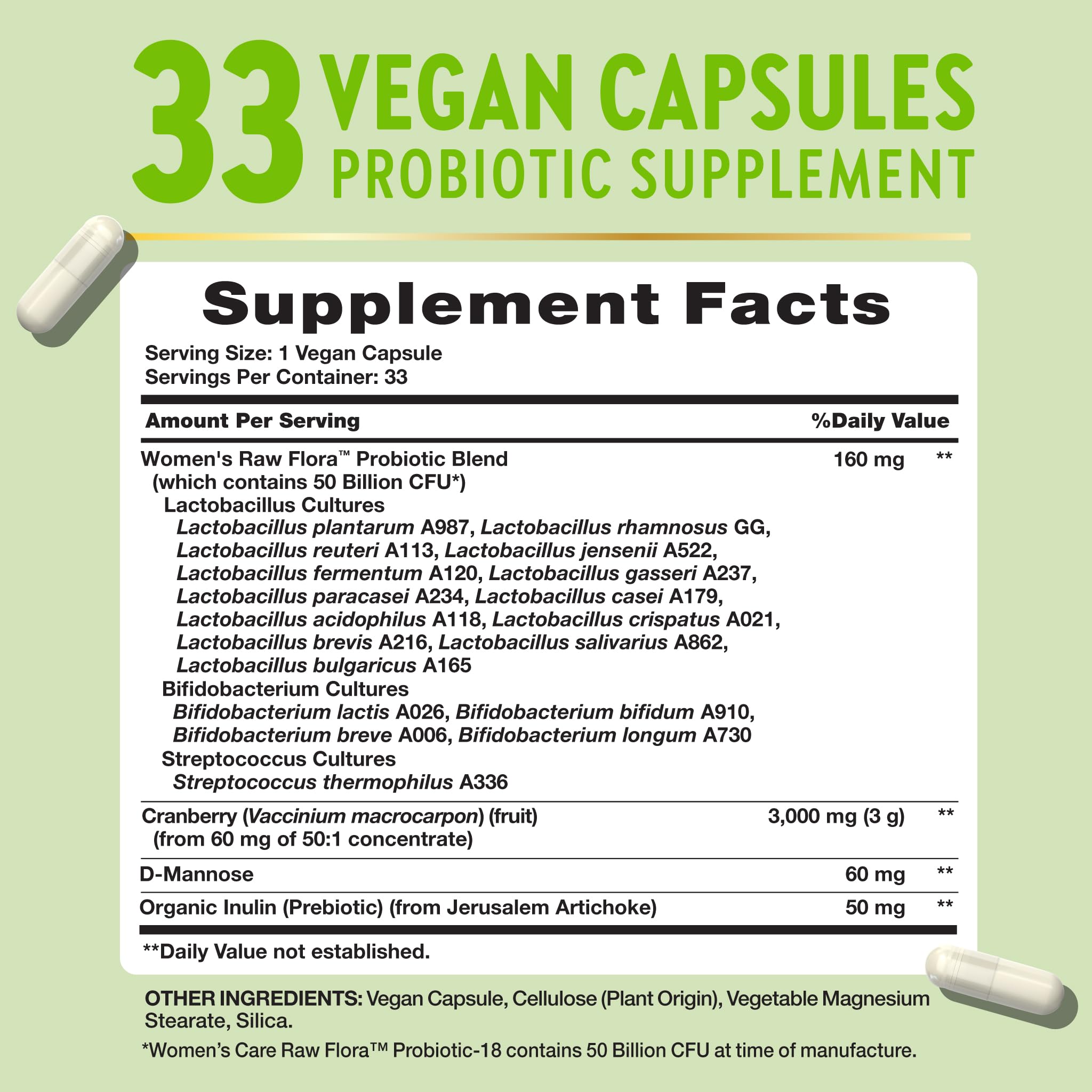 Raw Flora Women's Probiotic 50 Billion CFU capsule side view
