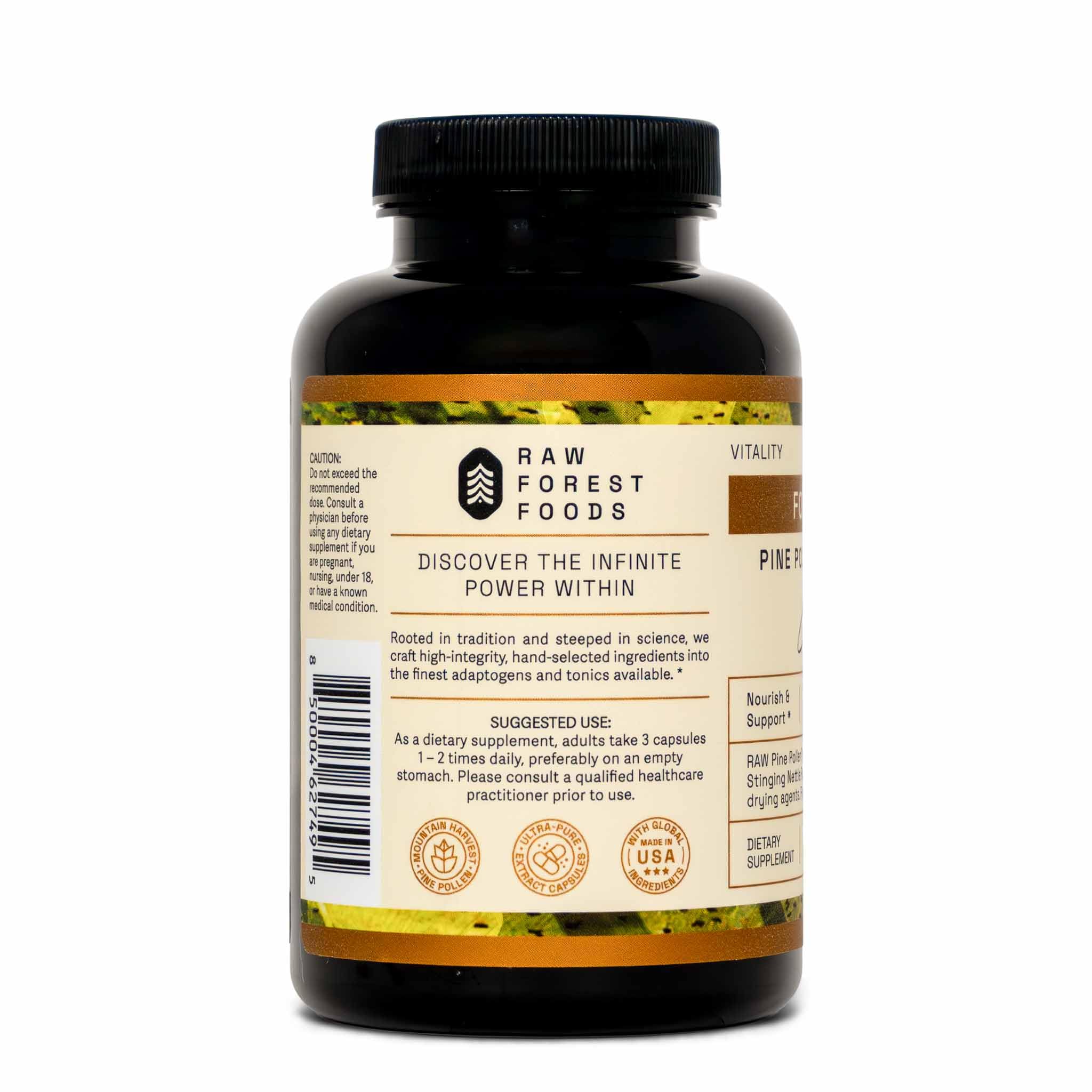 RAW Forest Foods Pine Pollen and Nettle Root Elixir Capsules capsules close-up