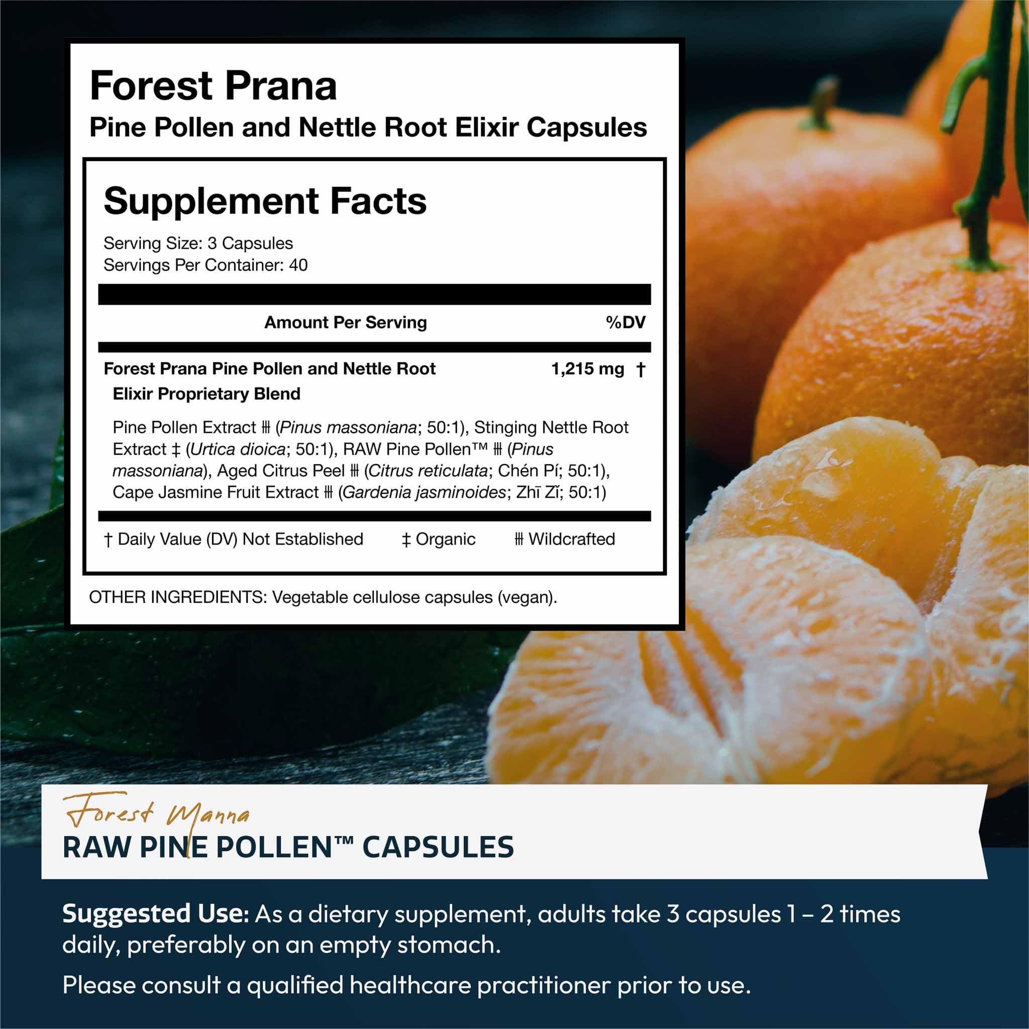 RAW Forest Foods Pine Pollen and Nettle Root Elixir Capsules side view