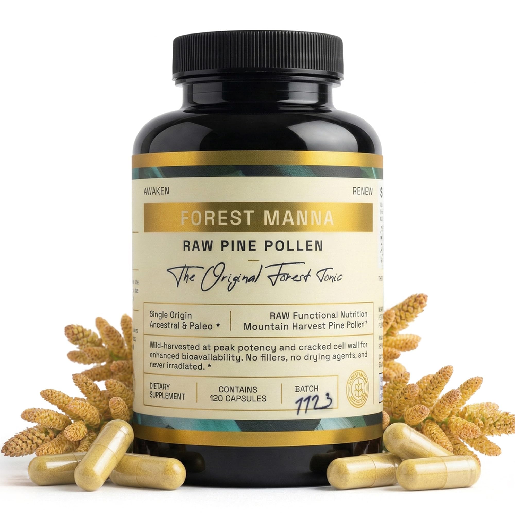 RAW Forest Foods Pine Pollen Capsules front view with packaging