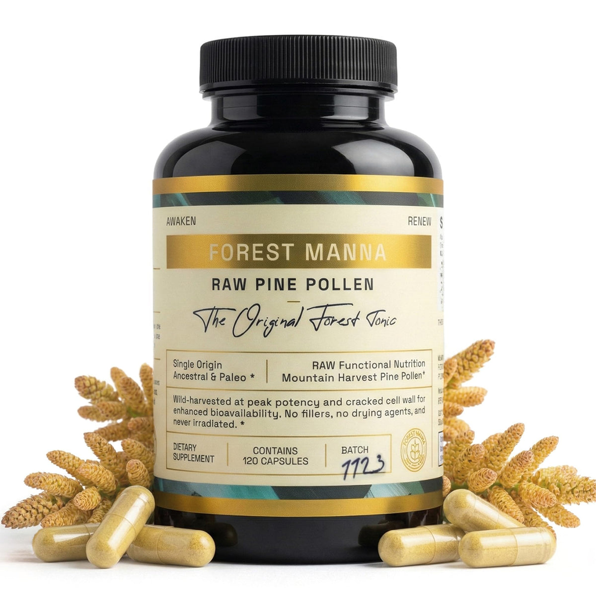 RAW Forest Foods Pine Pollen Capsules front view with packaging