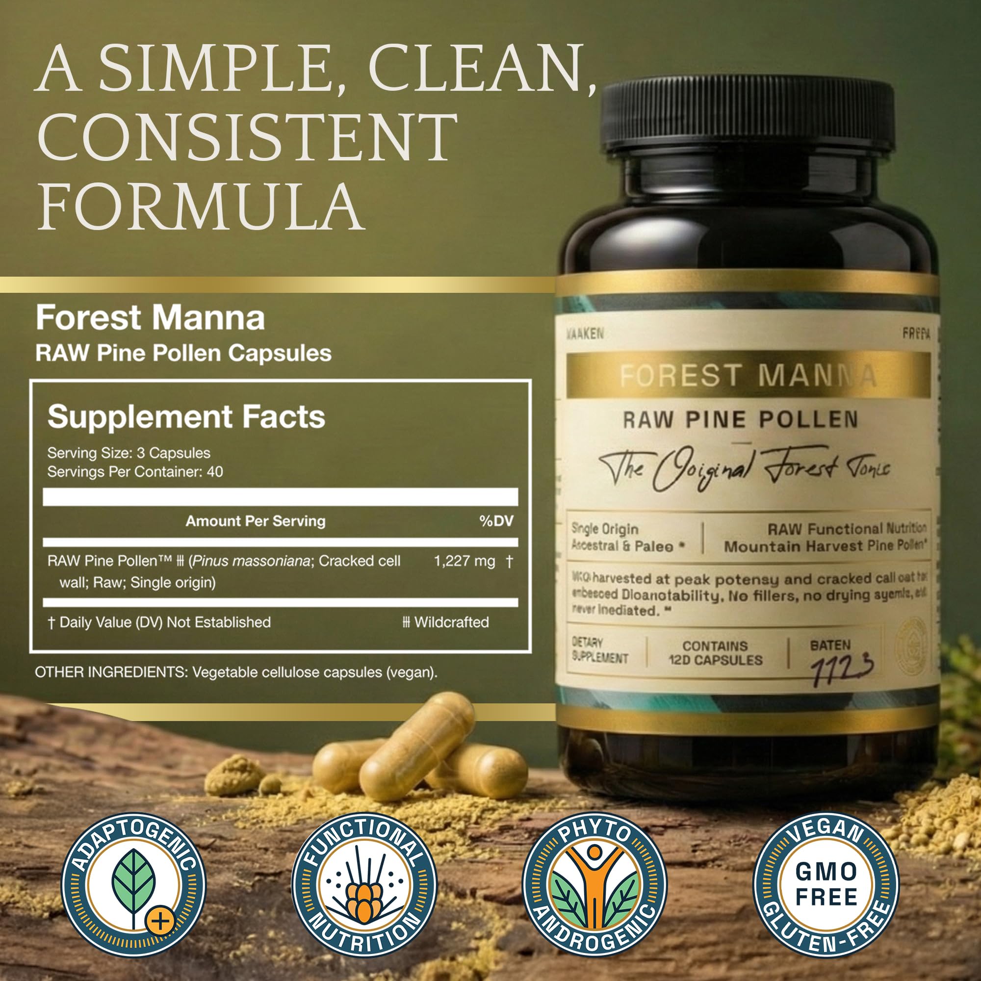 RAW Forest Foods Pine Pollen Capsules ingredients list on packaging