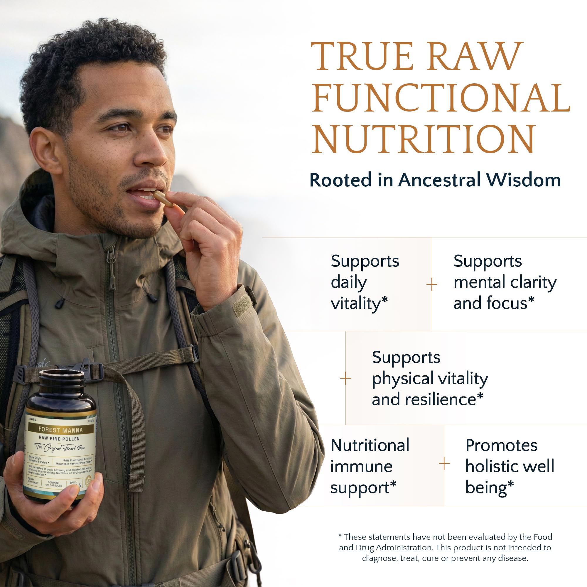 RAW Forest Foods Pine Pollen Capsules open bottle with capsules