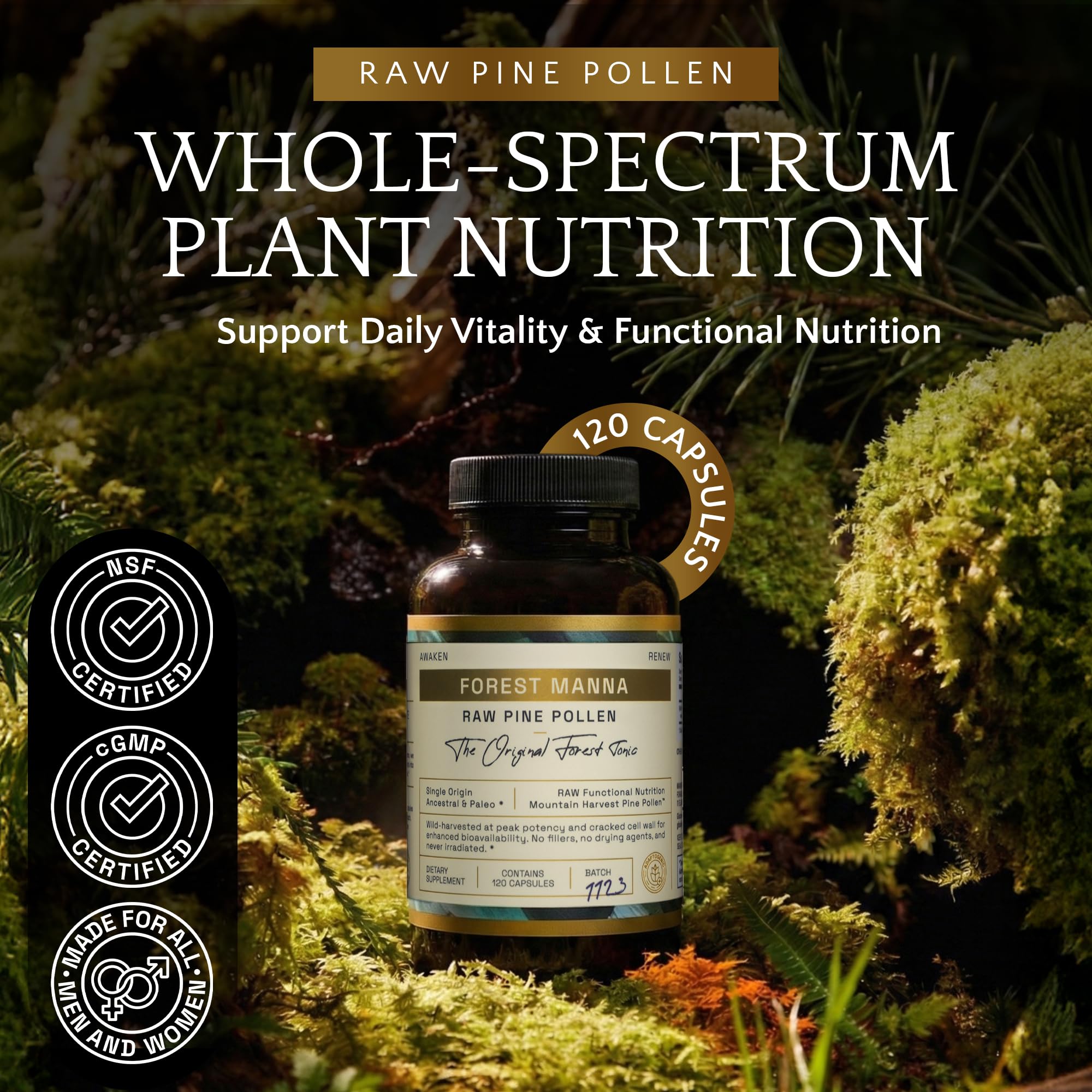 RAW Forest Foods Pine Pollen Capsules side view showing label