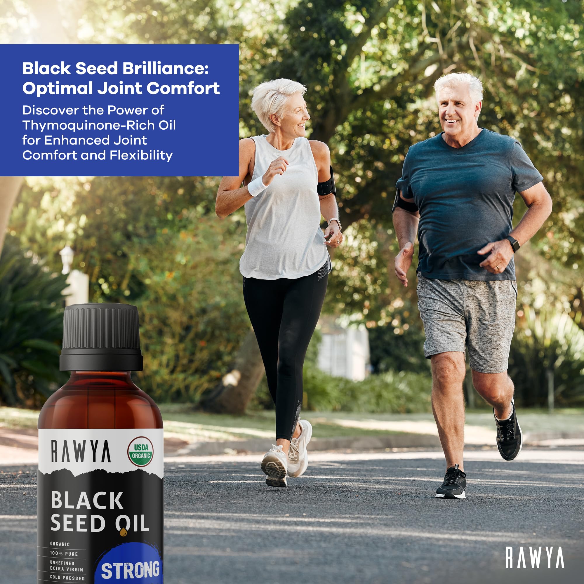 RAWYA Black Seed Oil 230g bottle on a wooden table