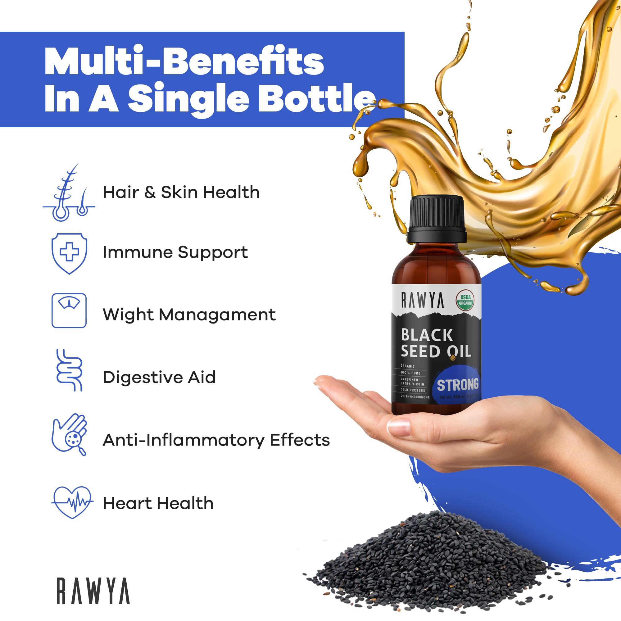 RAWYA Black Seed Oil 230g bottle with ingredients list