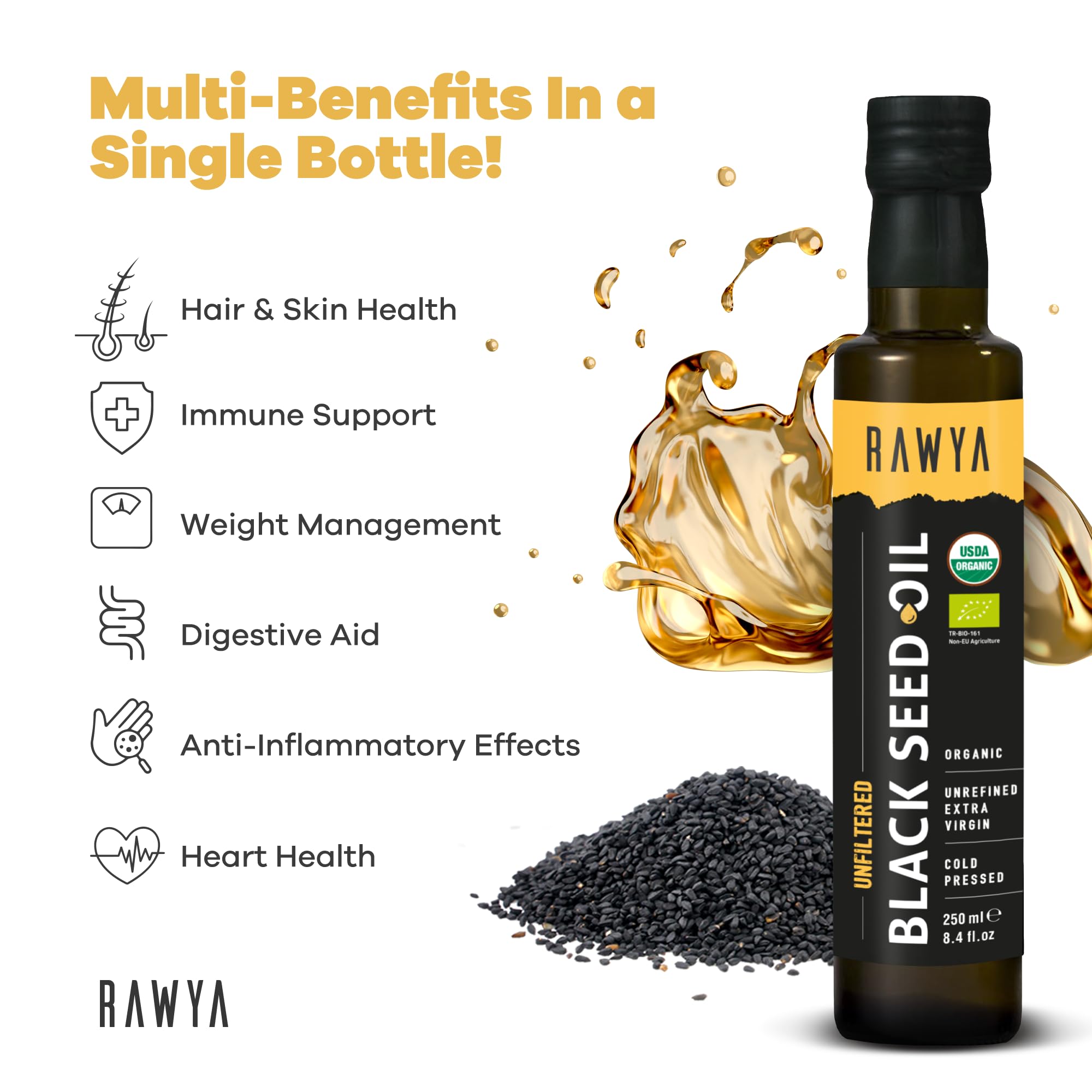 RAWYA Black Seed Oil glass bottle side view