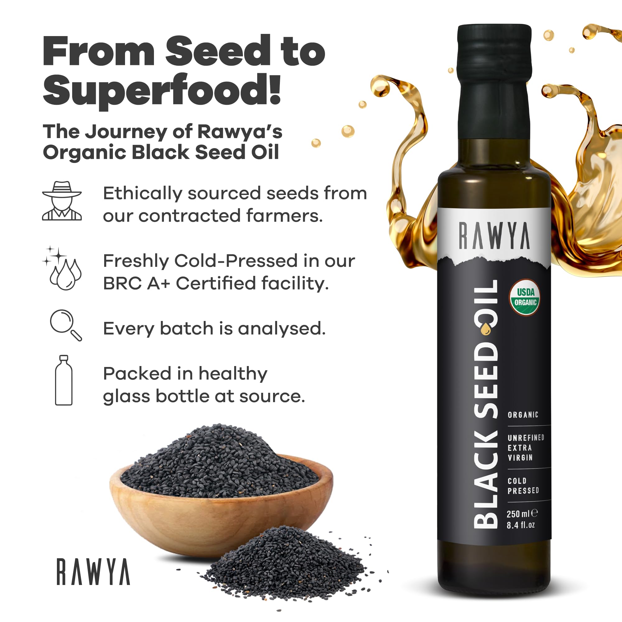 RAWYA Black Seed Oil glass bottle side view