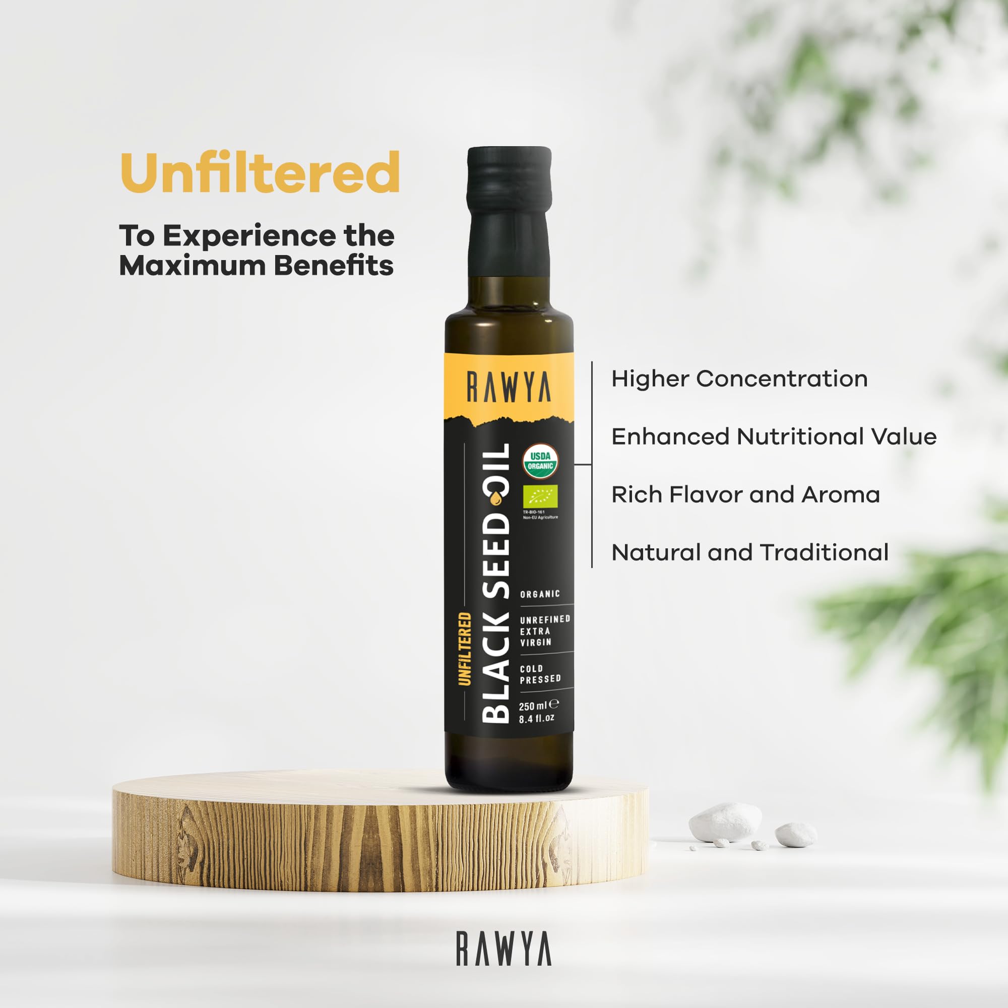 RAWYA Black Seed Oil in a kitchen setting