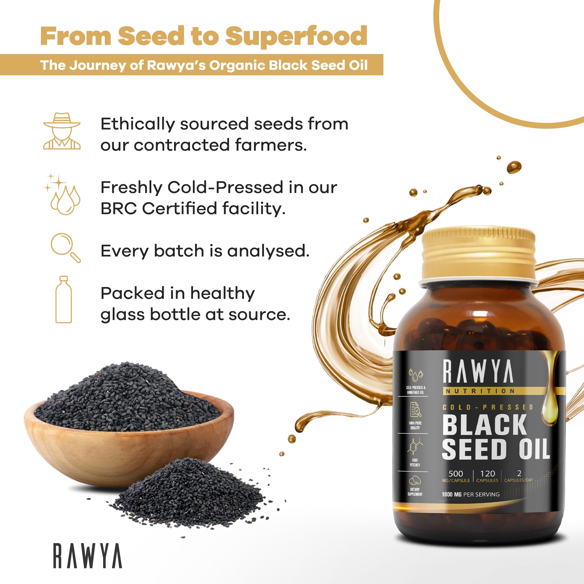 RAWYA Black Seed Oil Softgels displayed with lifestyle background