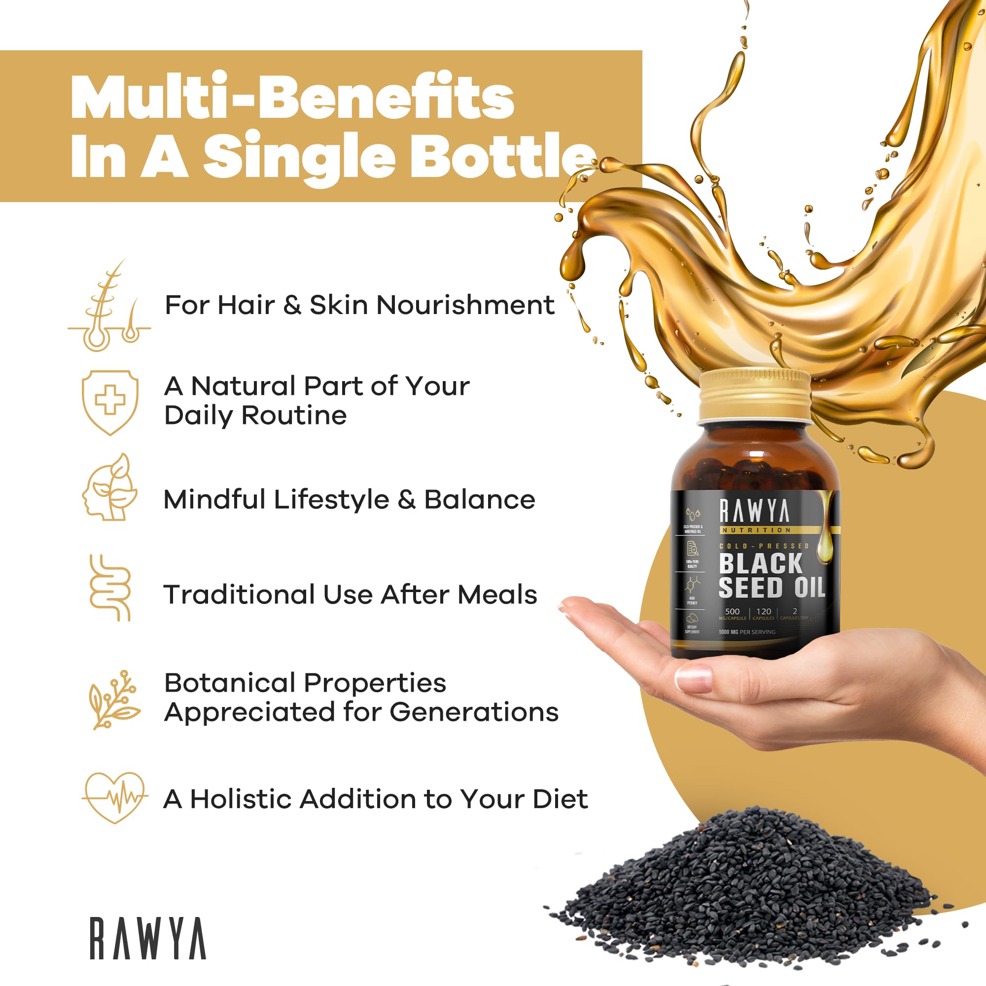 RAWYA Black Seed Oil Softgels showing nutritional information