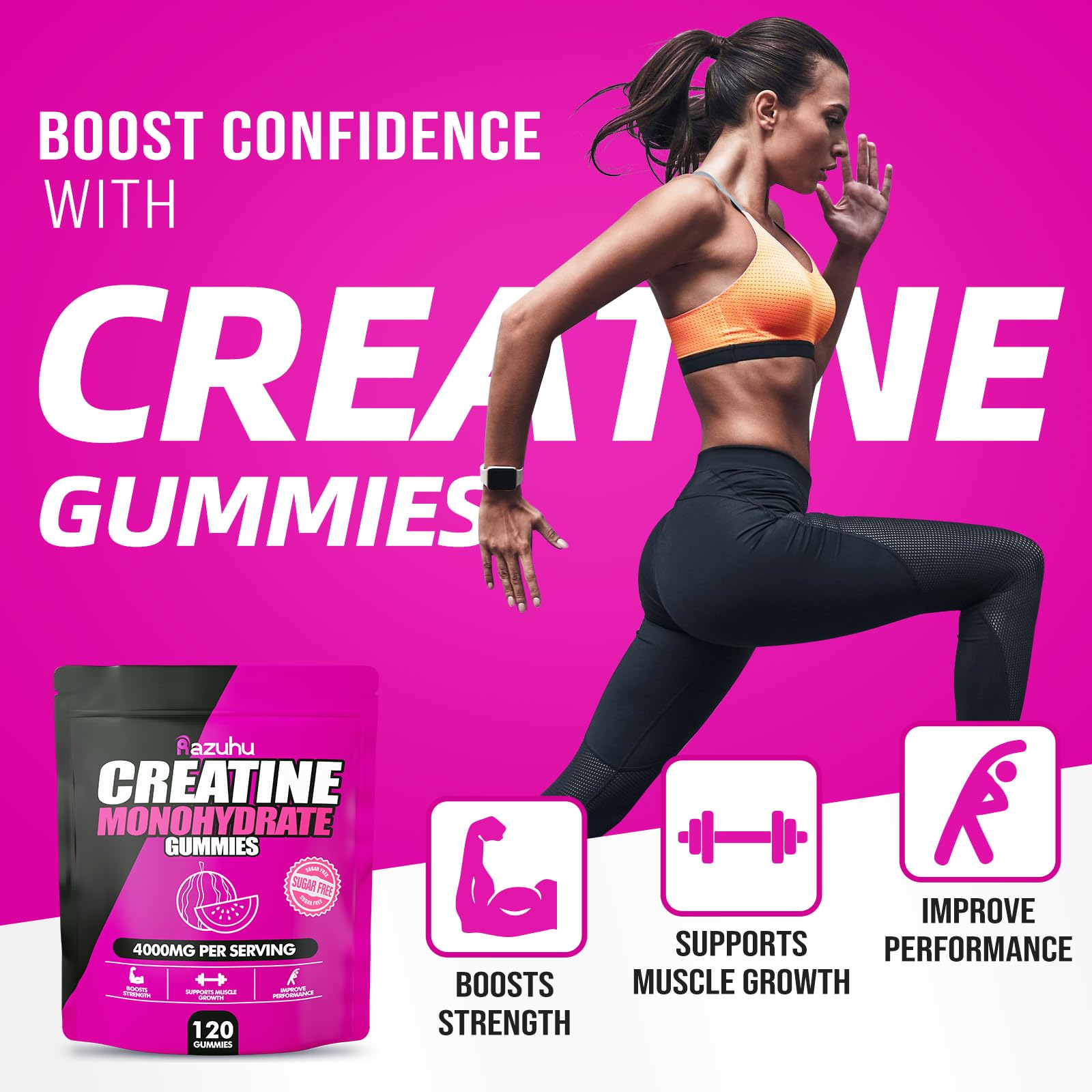 Razuhu Creatine Monohydrate Gummies displayed with a gym bag