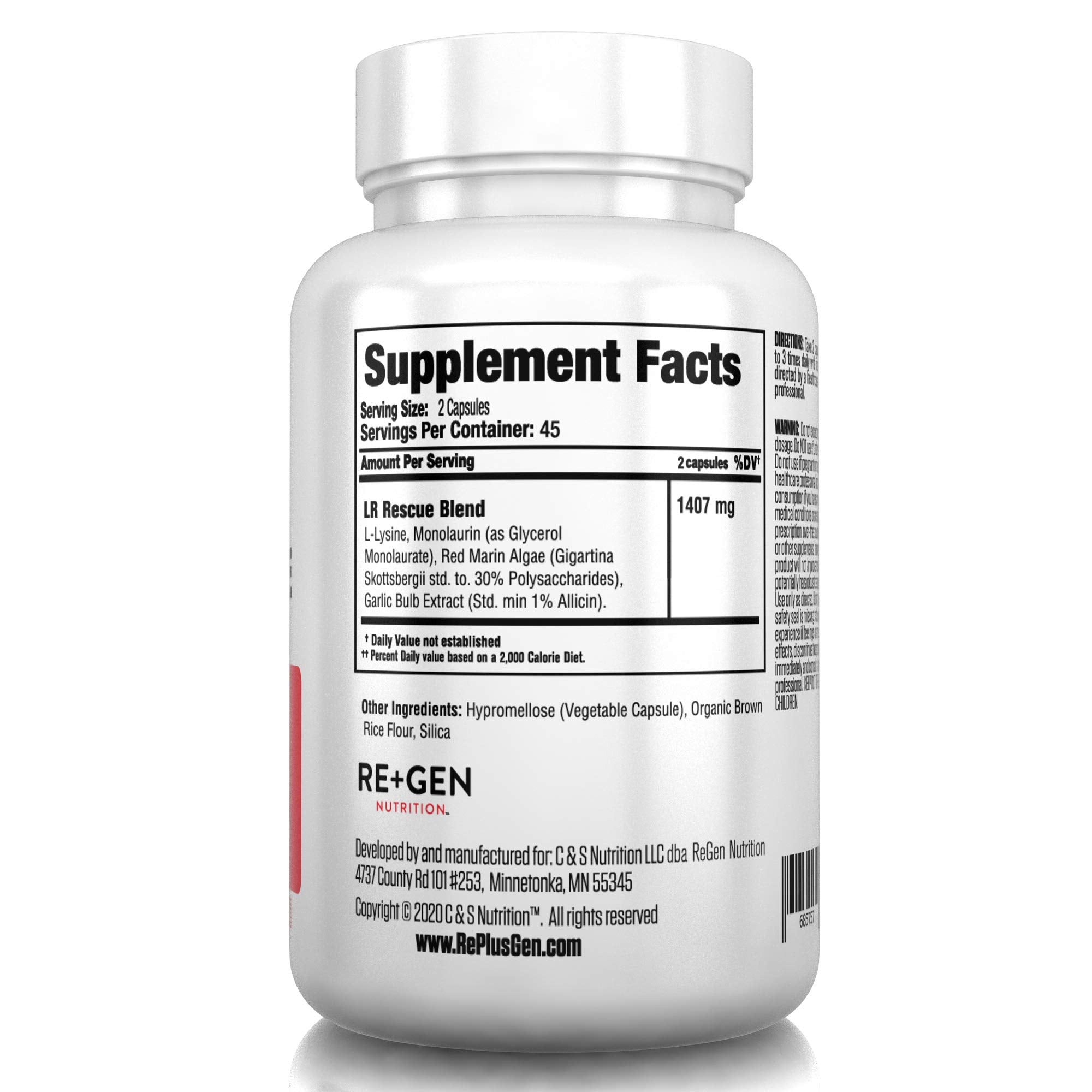 Re+Gen Nutrition L-Lysine capsules on a wooden table