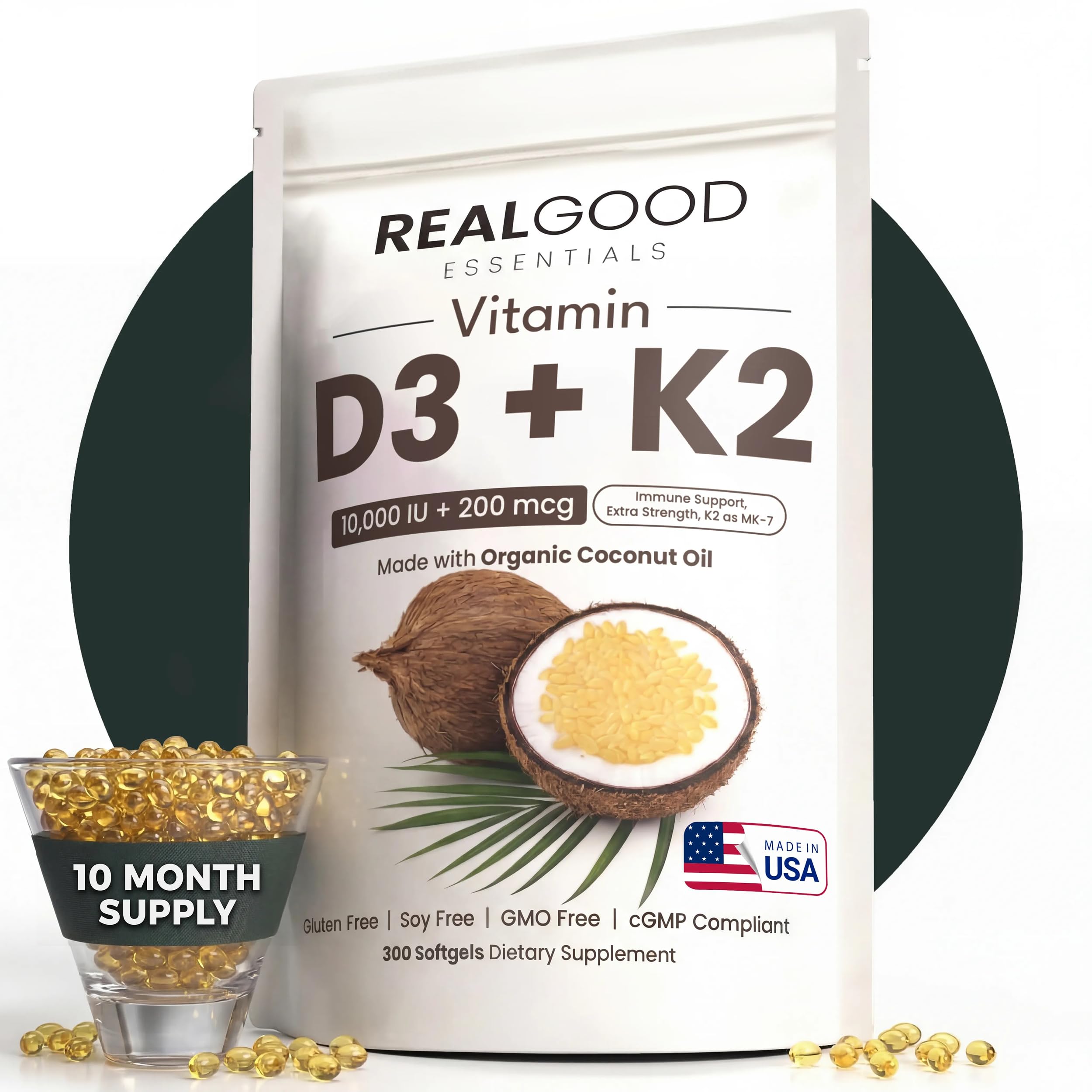 REAL GOOD ESSENTIALS Vitamin D3 K2 softgels front view