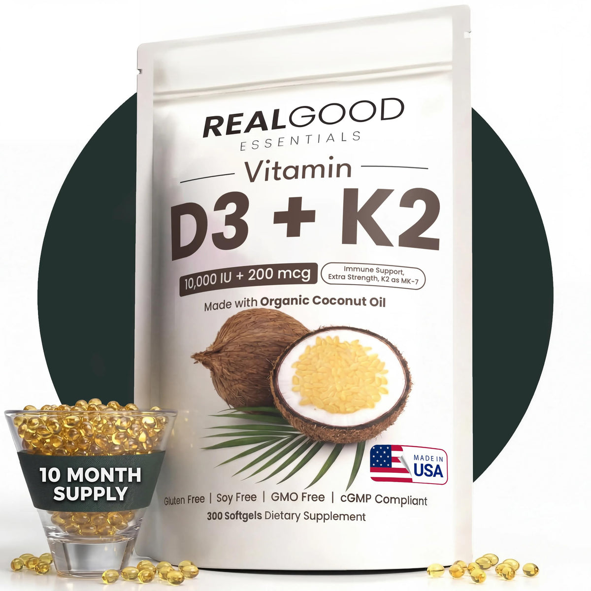 REAL GOOD ESSENTIALS Vitamin D3 K2 softgels front view