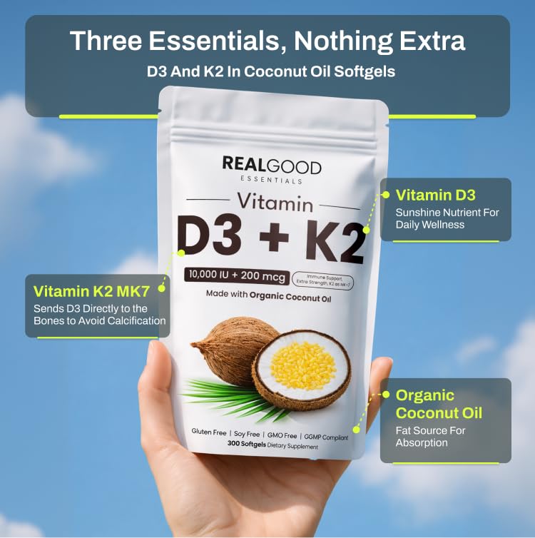 REAL GOOD ESSENTIALS Vitamin D3 K2 softgels with coconut oil