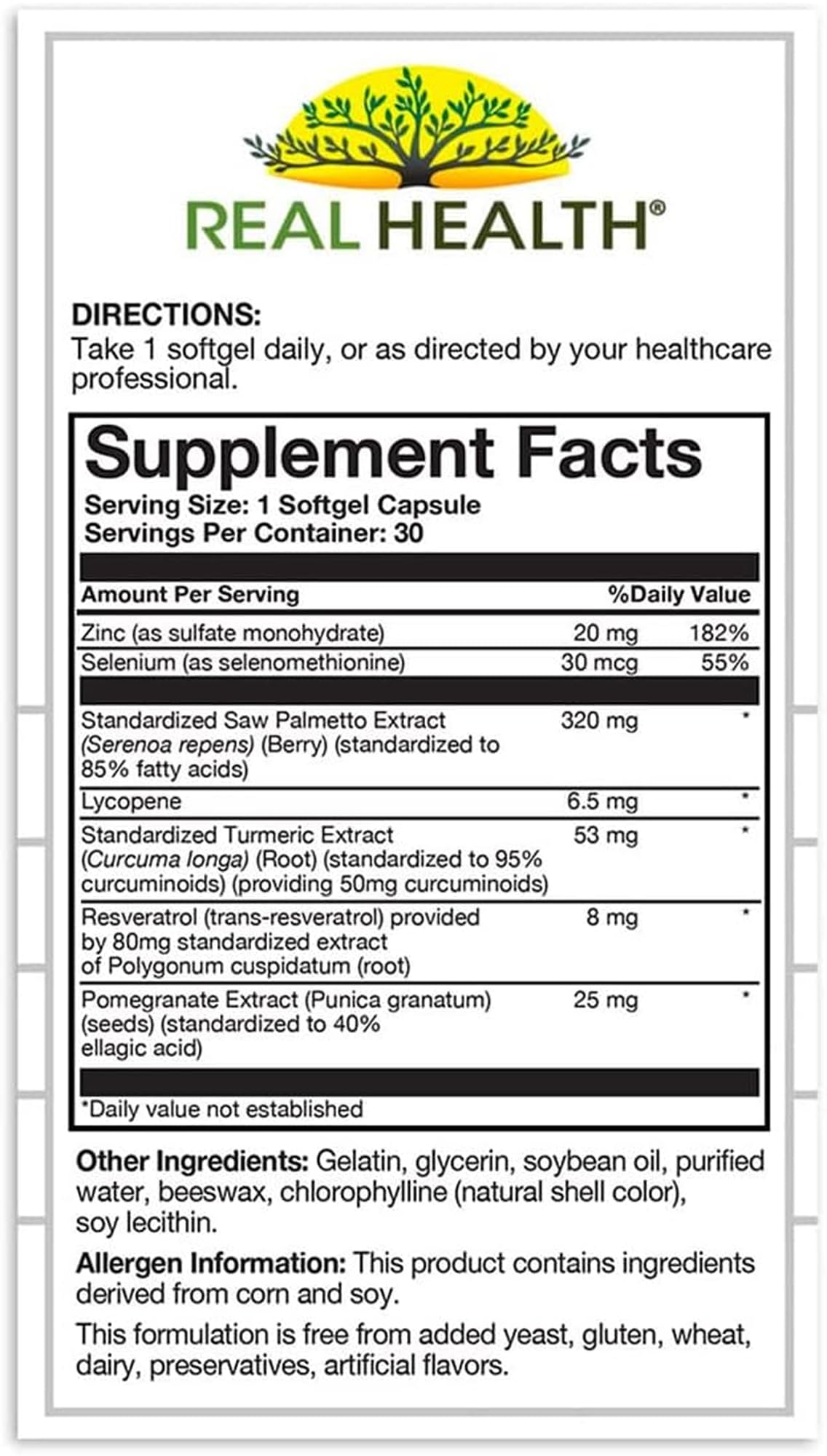 Real Health Saw Palmetto Prostate Health Supplement ingredients list