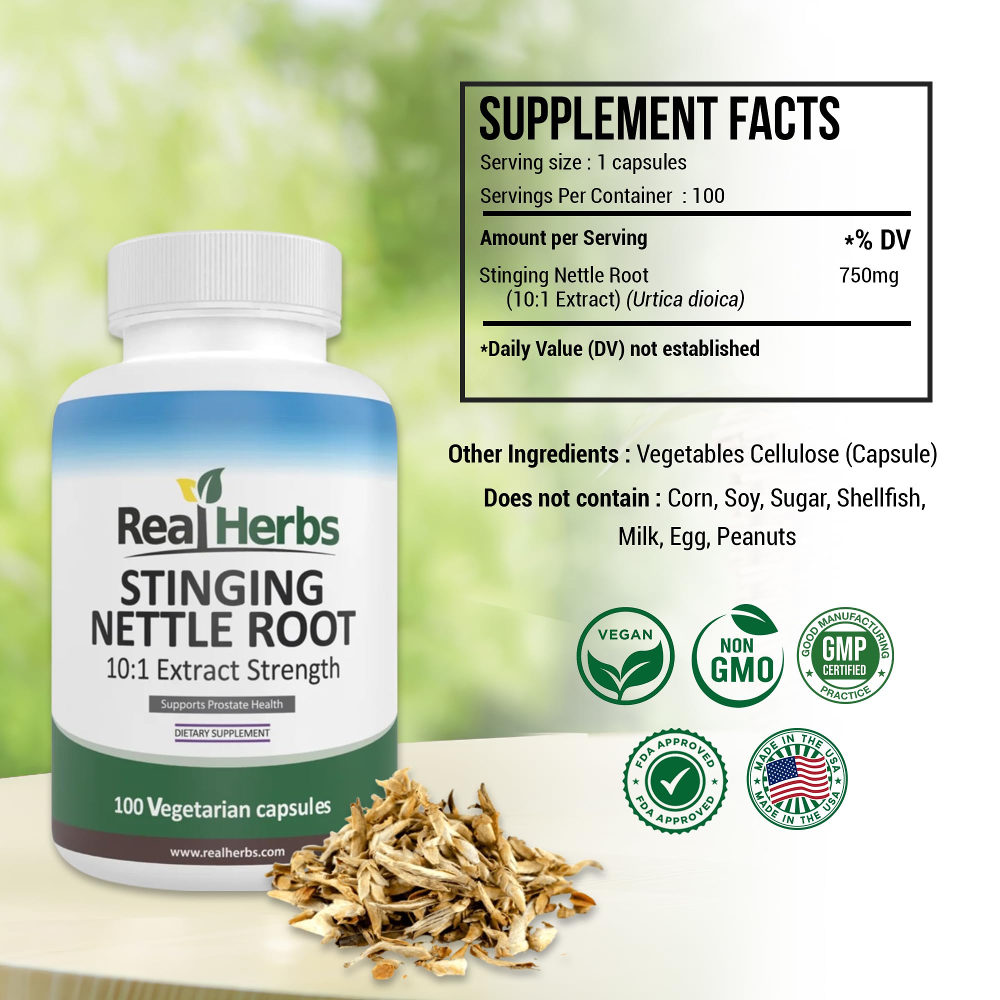 Real Herbs Stinging Nettle Root Extract 750mg vegetable capsules