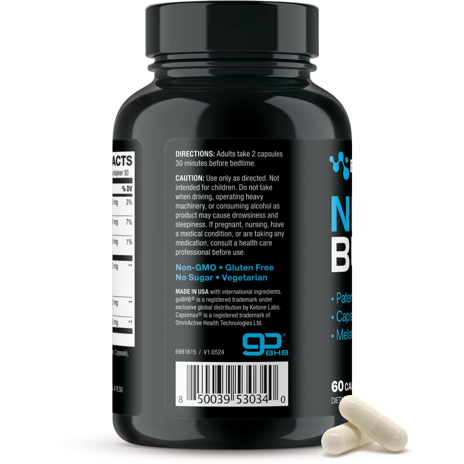 Real Ketones Nighttime Keto BHB Capsules lifestyle shot with a glass of water