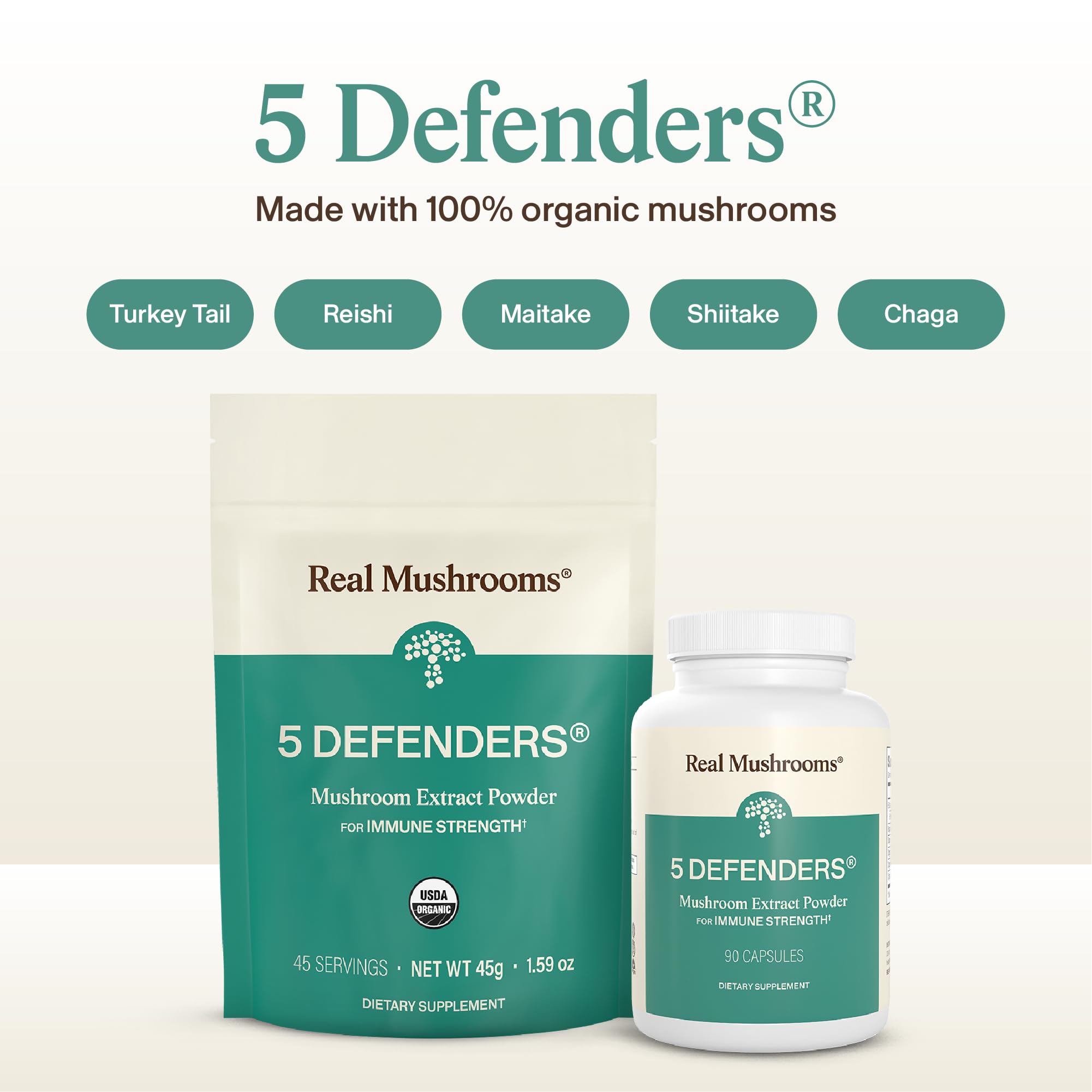 Real Mushrooms 5-in-1 Mushroom Complex capsules in a hand