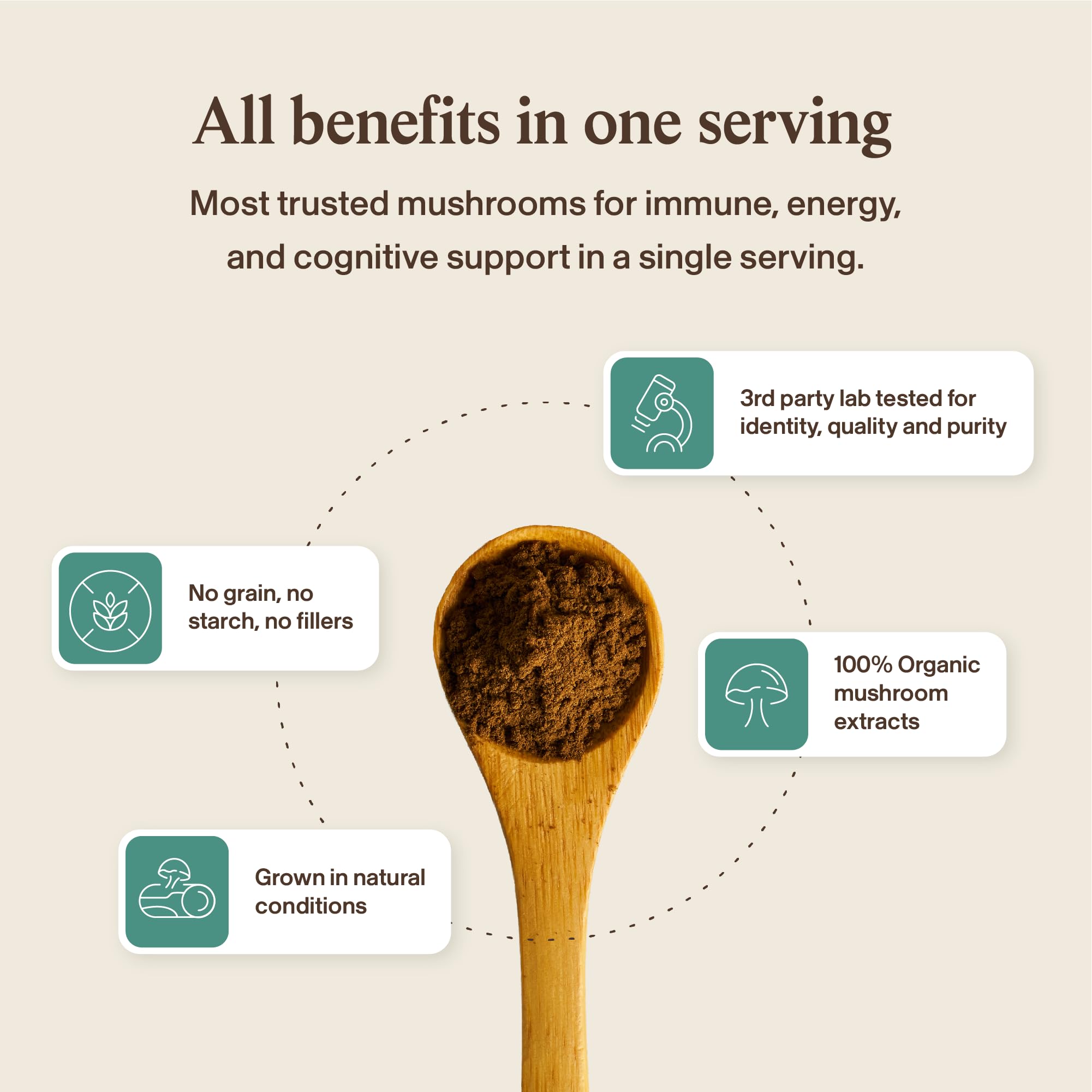 Real Mushrooms 5-in-1 Mushroom Complex with a measuring spoon