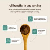 Real Mushrooms 5-in-1 Mushroom Complex with a measuring spoon