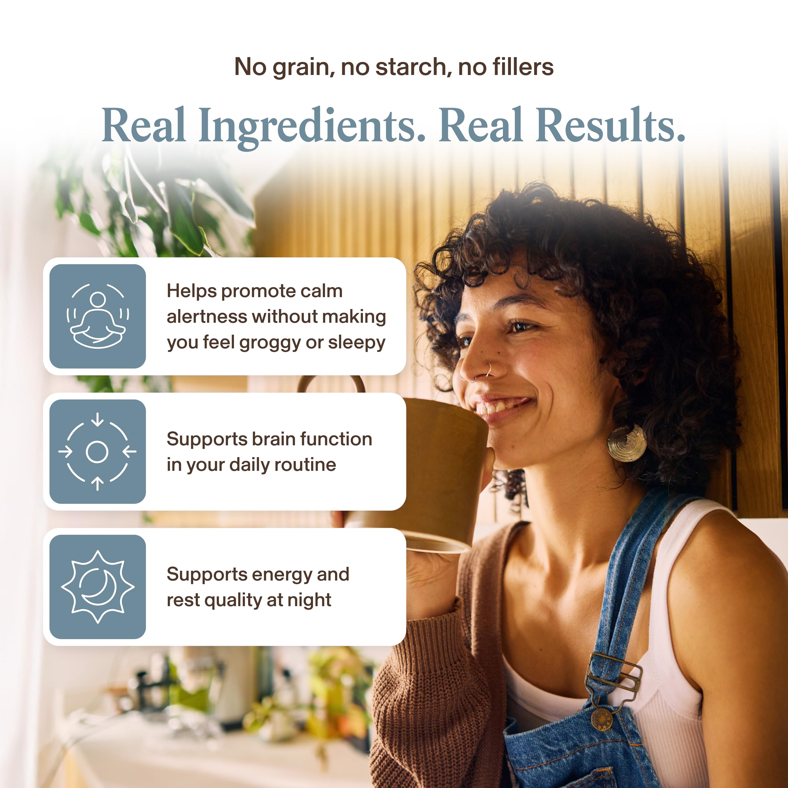 Real Mushrooms Lion’s Mane Calm supplement capsules on a wooden table
