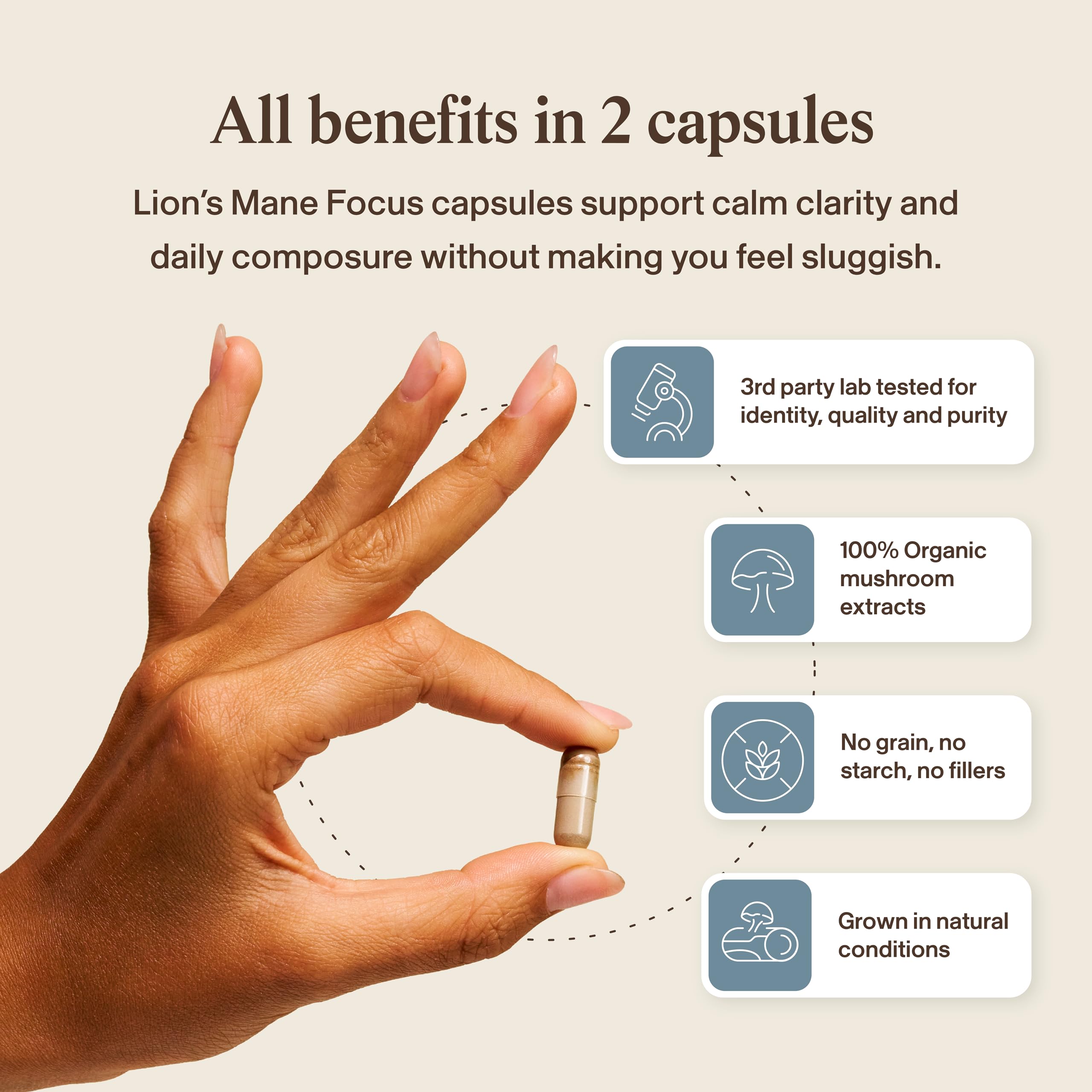 Real Mushrooms Lion’s Mane Calm supplement with a cup of tea