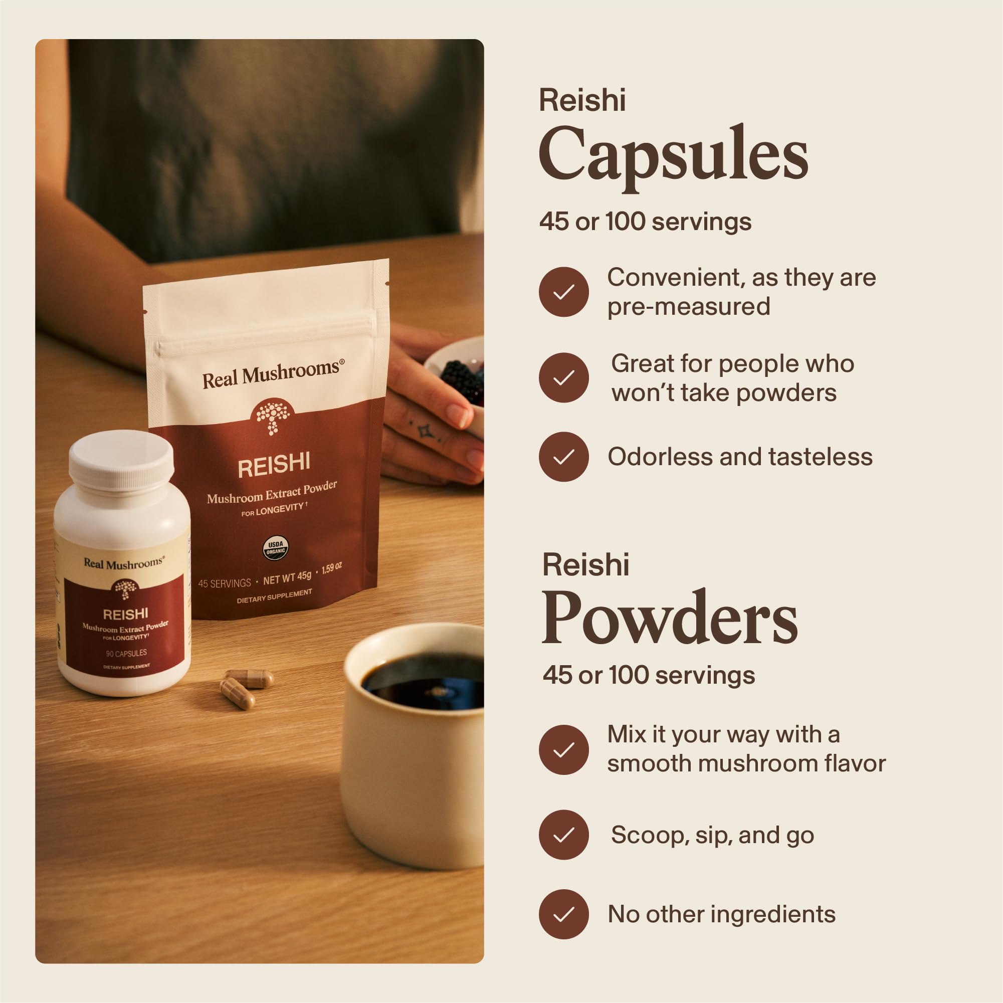 Real Mushrooms Red Reishi Mushroom Capsules with measuring spoon