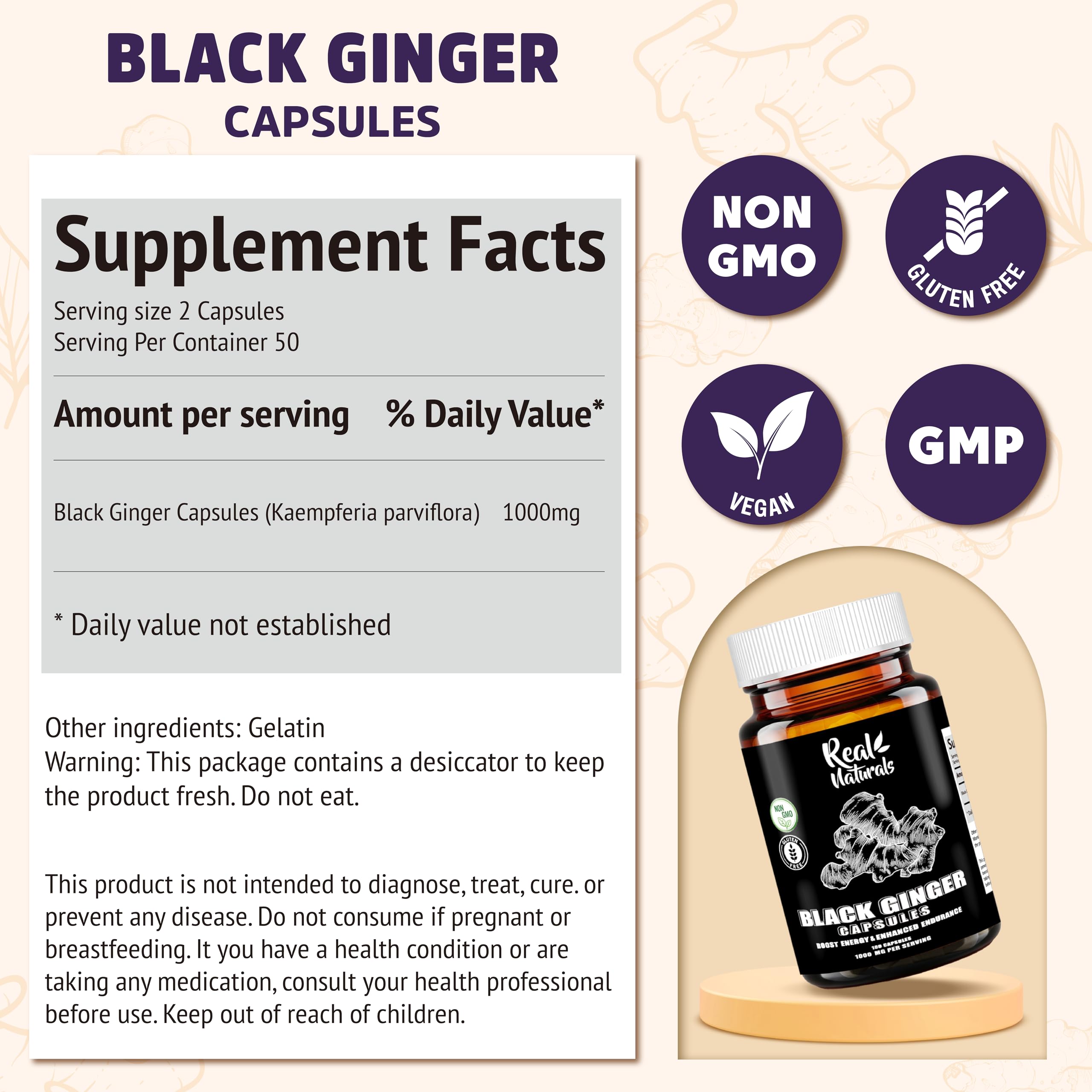 Real Naturals Black Ginger Supplement displayed with other herbal supplements