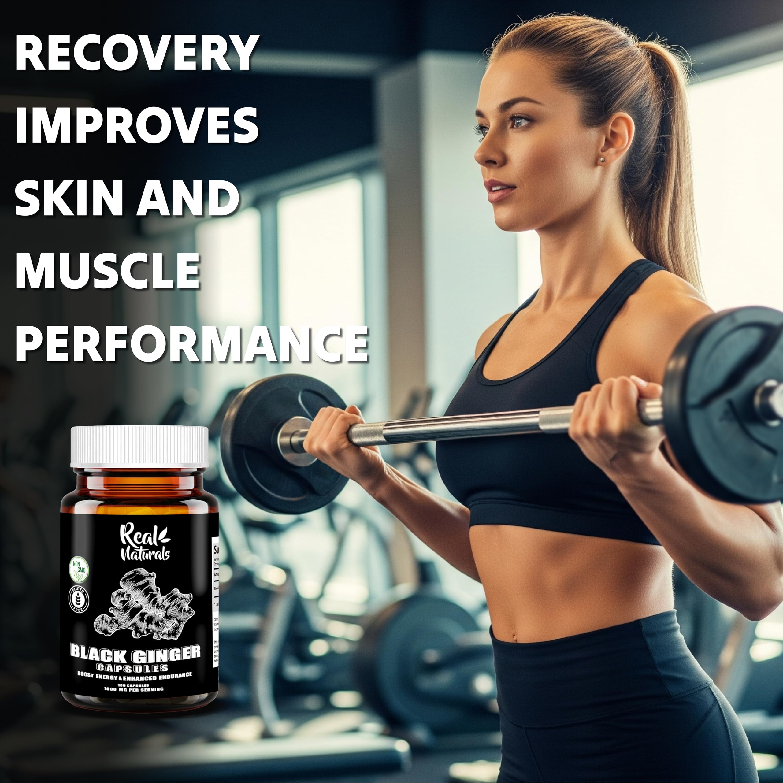 Real Naturals Black Ginger Supplement packaging with natural background
