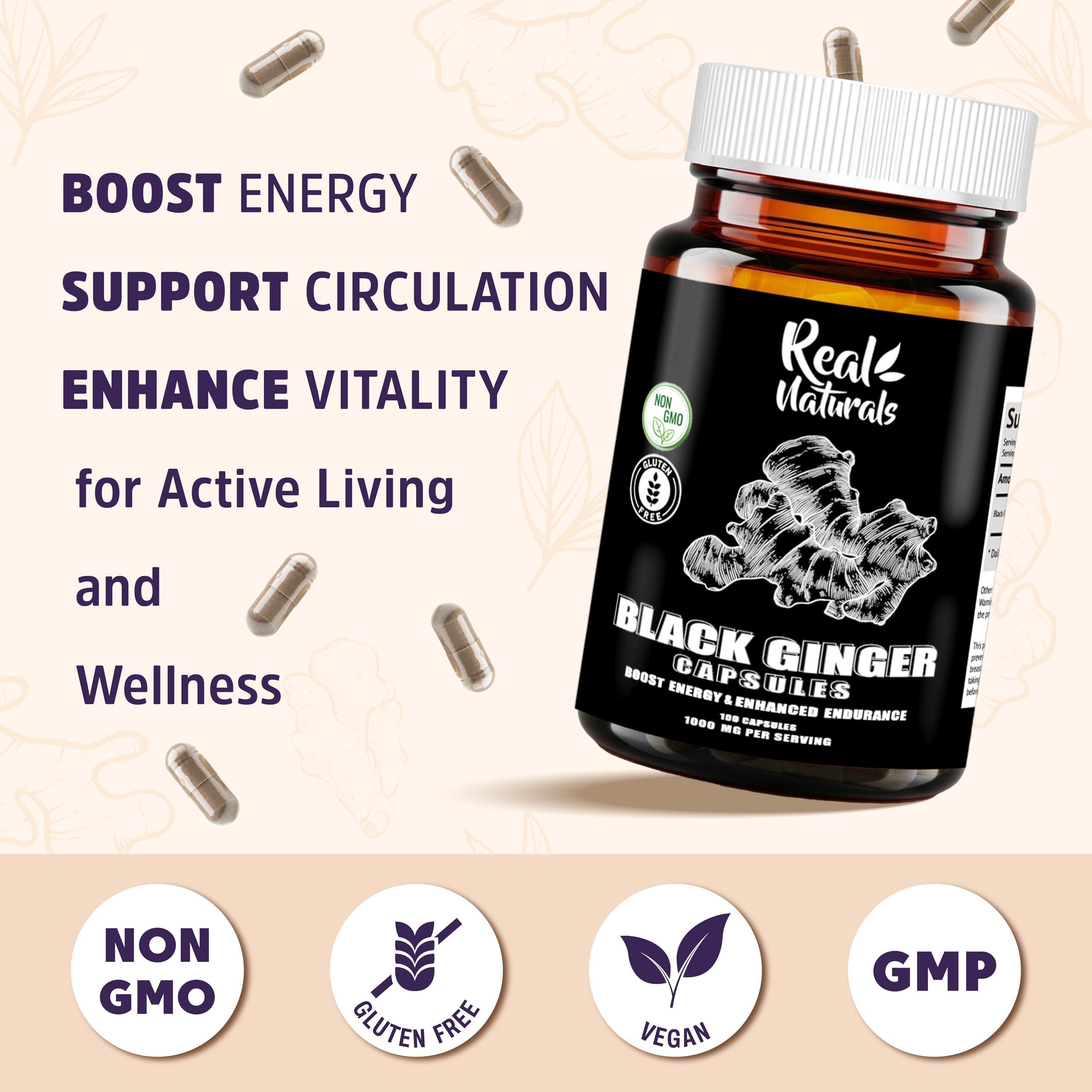 Real Naturals Black Ginger Supplement tablet on a wooden surface
