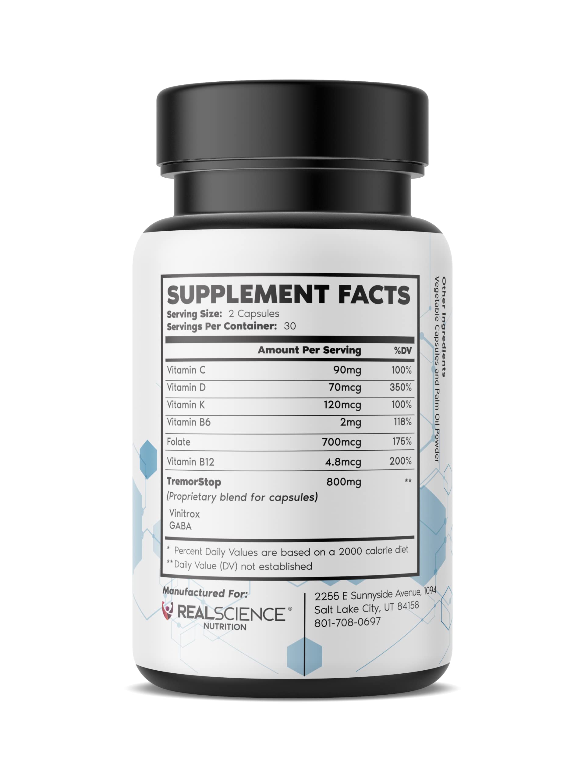 Real Science Nutrition Tremor Miracle Capsules bottle side view