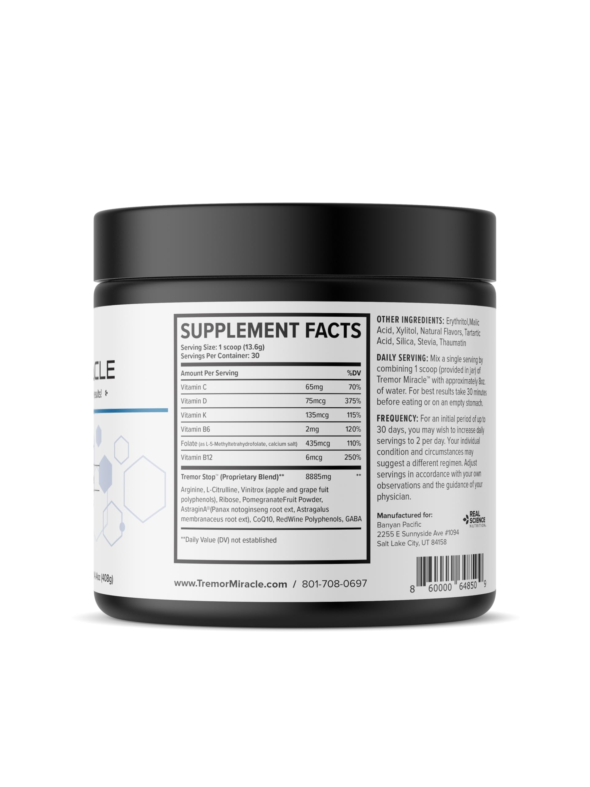 Real Science Nutrition Tremor Miracle Powder ingredients list
