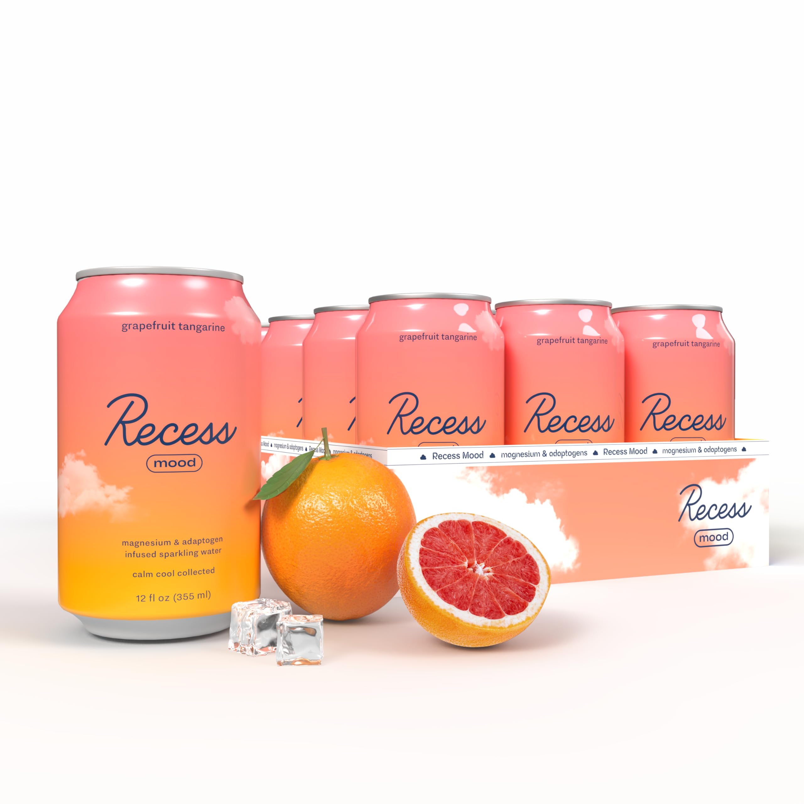 Recess Magnesium Sparkling Water can front view with grapefruit and tangerine juice