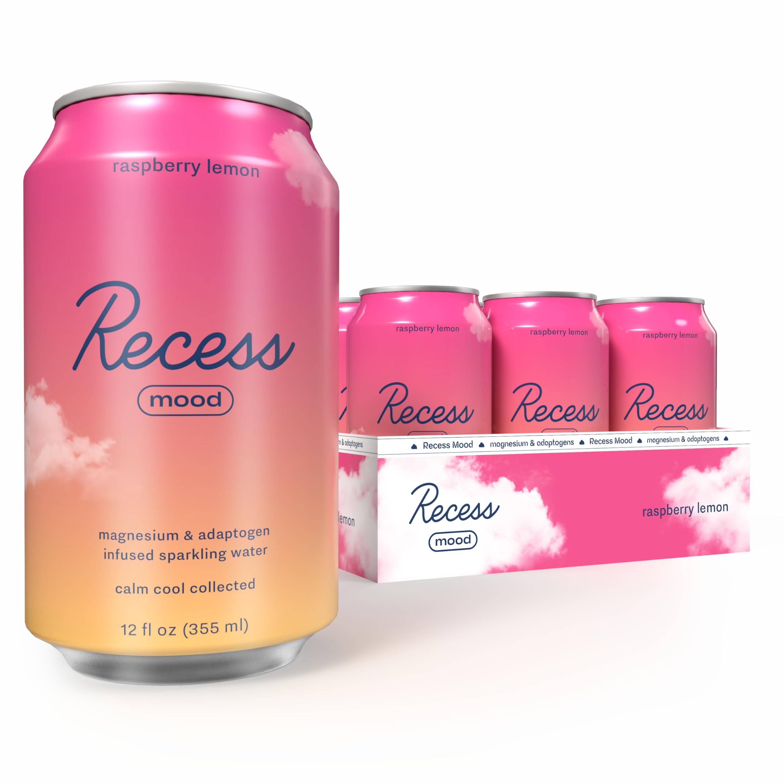 Recess Magnesium Sparkling Water can front view with raspberries