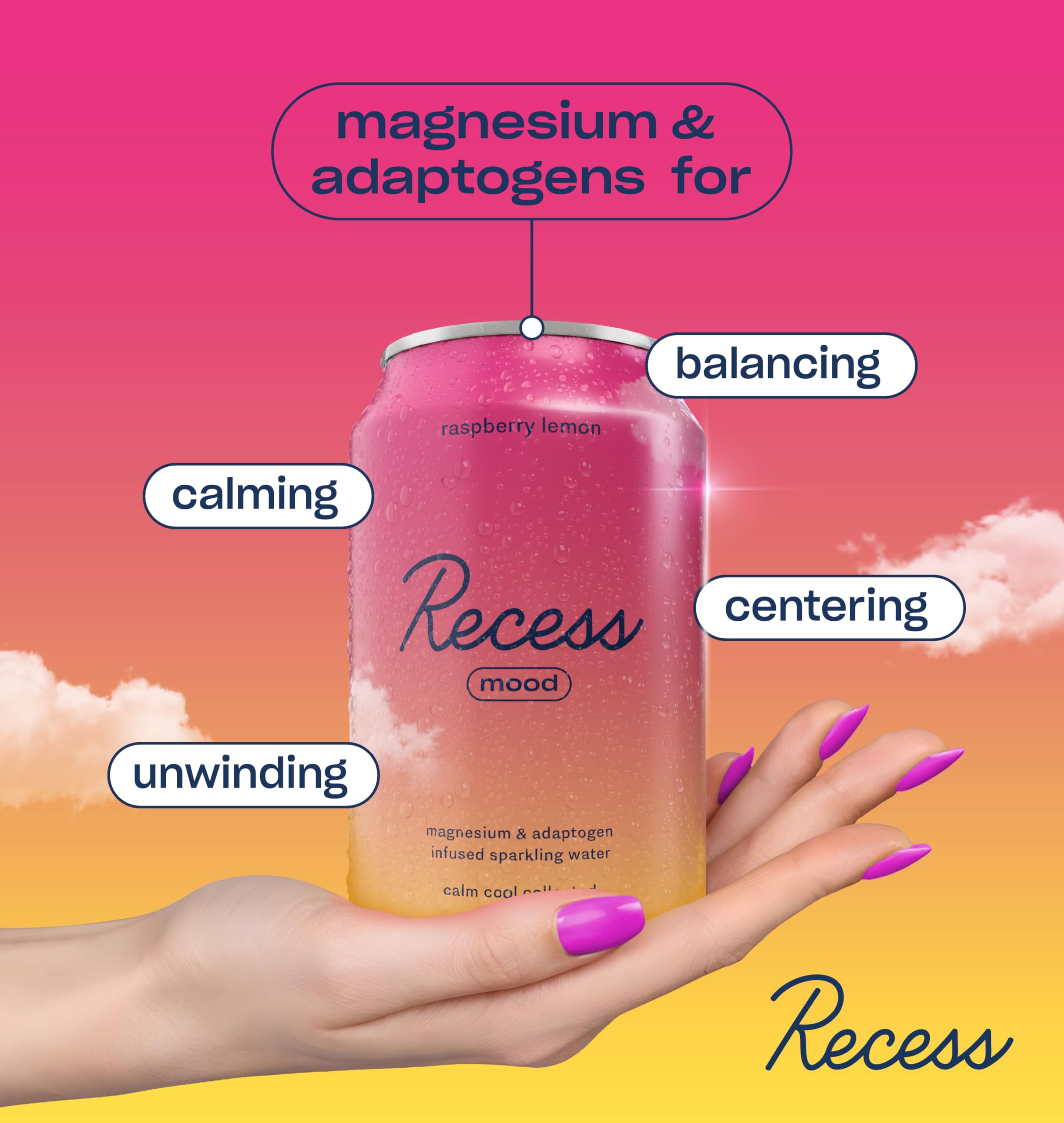 Recess Magnesium Sparkling Water can on a table with ice
