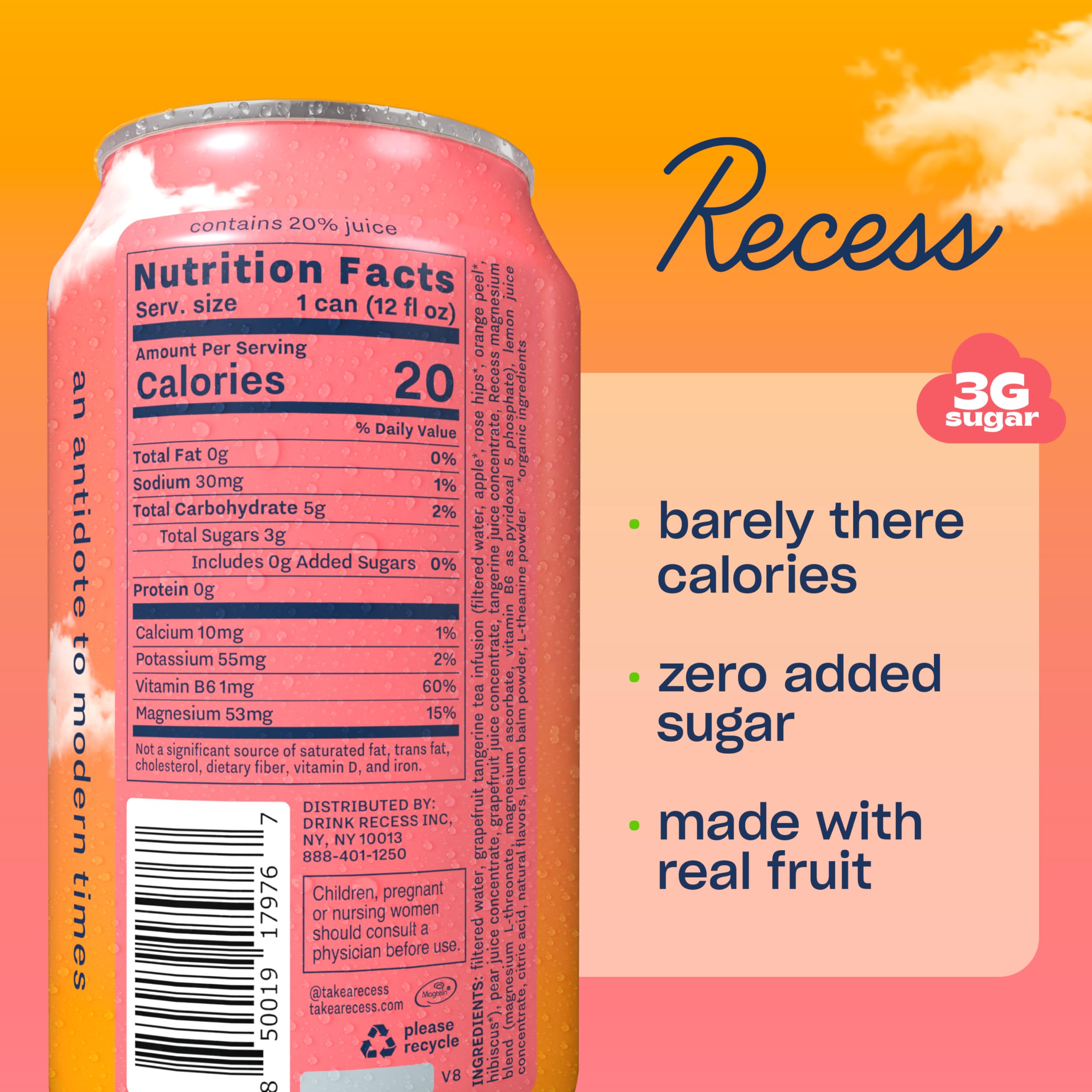 Recess Magnesium Sparkling Water can side view showing ingredients