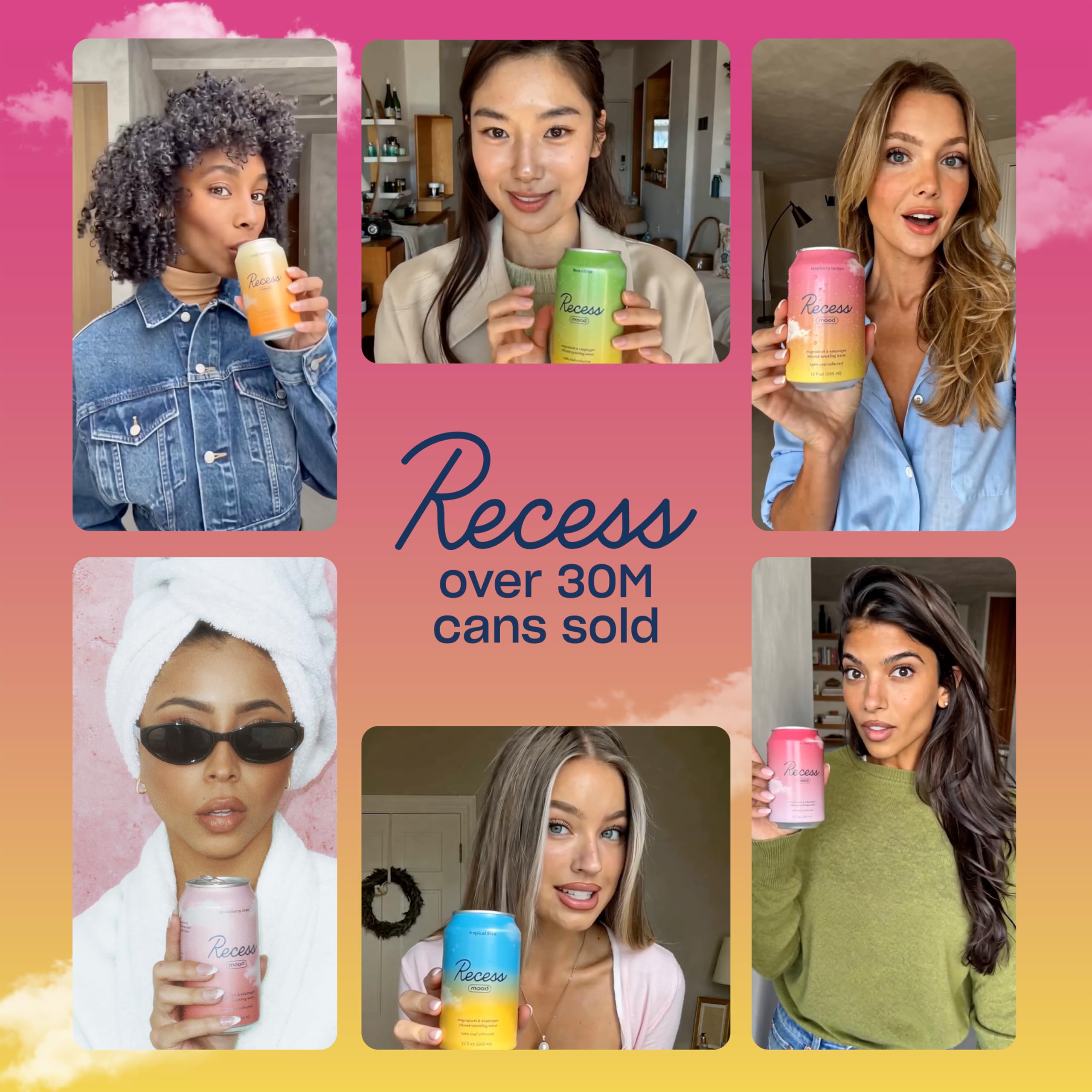 Recess Magnesium Sparkling Water packaging with multiple cans