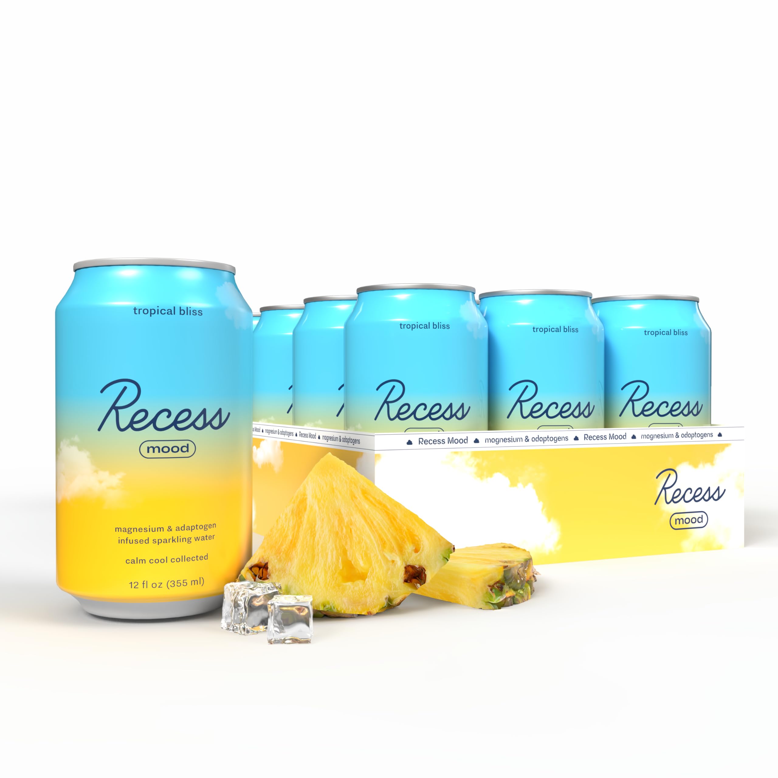 Recess Mood Functional Sparkling Water 340g front view with tropical design
