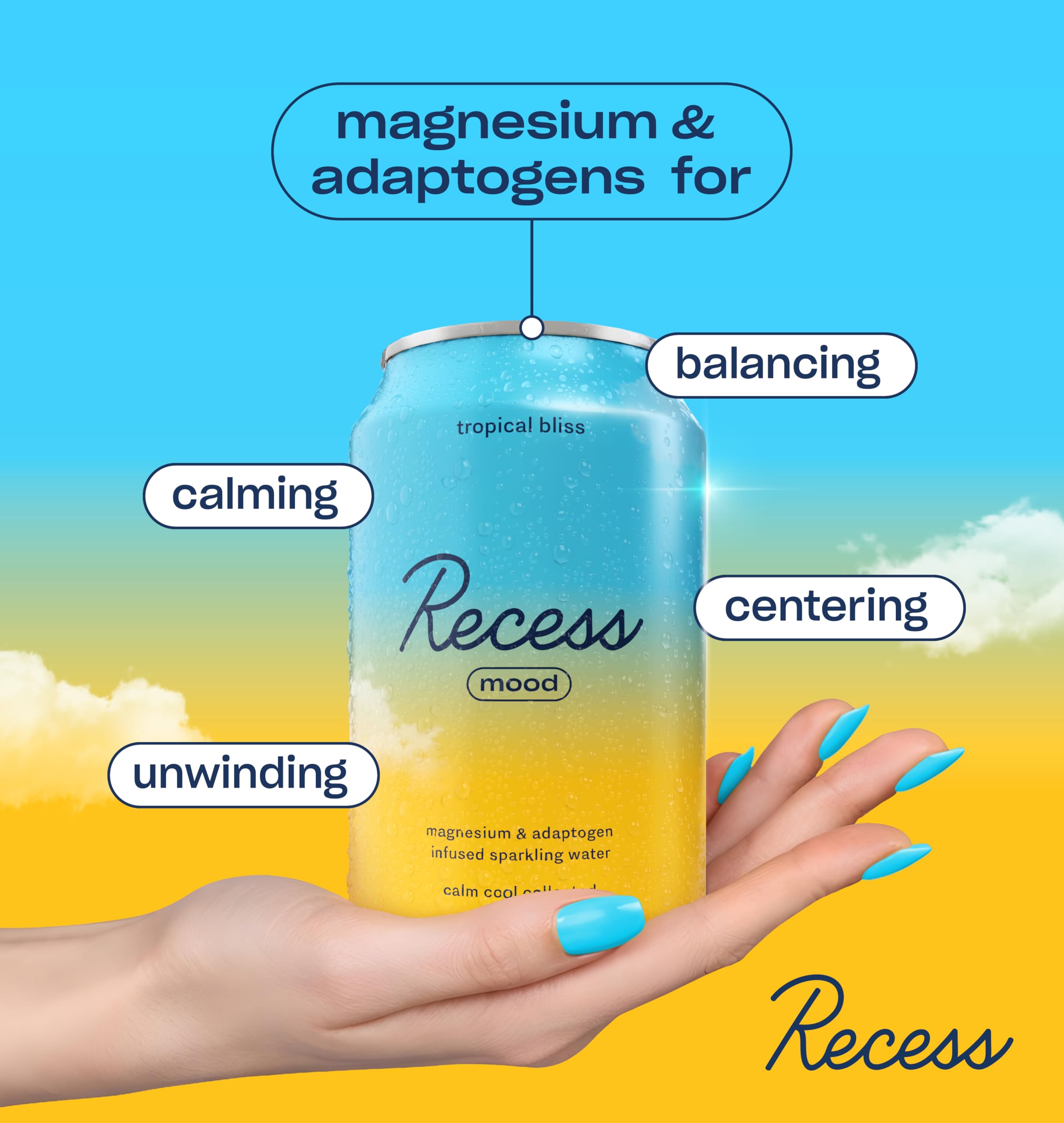 Recess Mood Functional Sparkling Water 340g poured into a glass