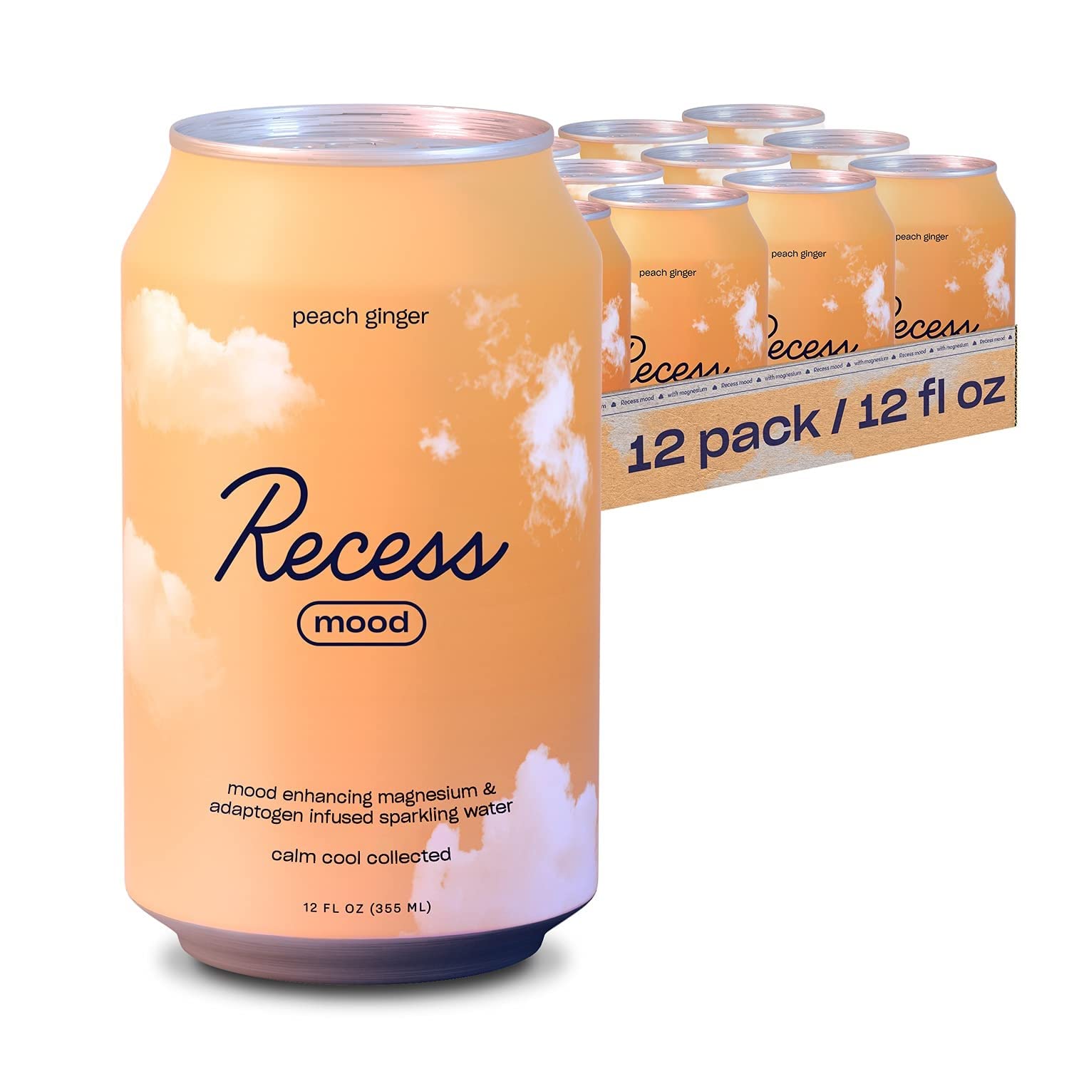 Recess Sparkling Water can front view with peach and ginger design