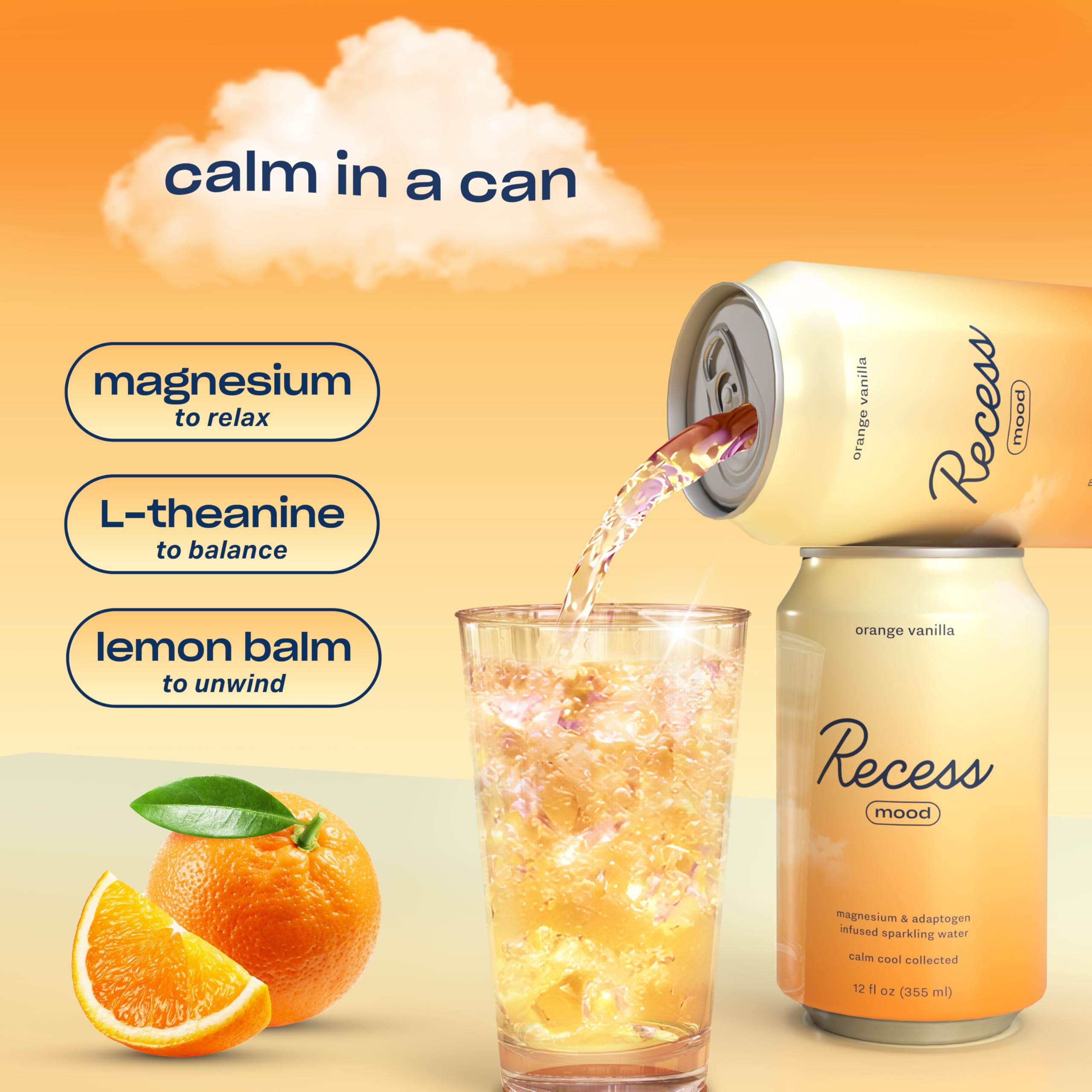 Recess Sparkling Water Orange Vanilla bottle on a table