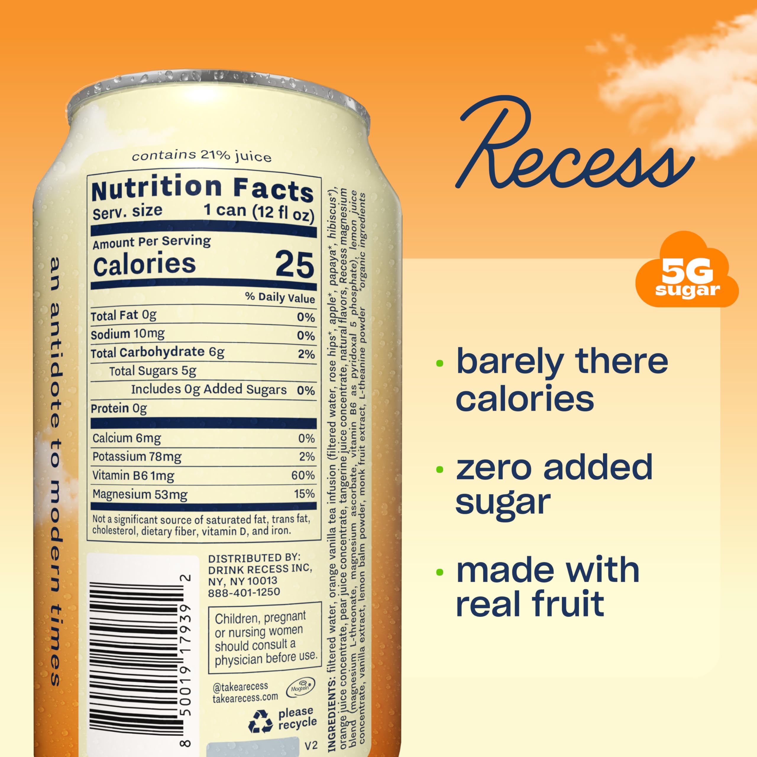 Recess Sparkling Water Orange Vanilla packaging side view