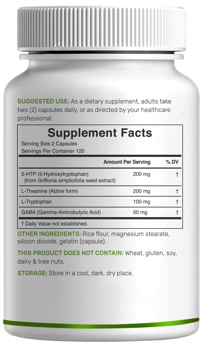 Red 5-HTP Supplement bottle with label details