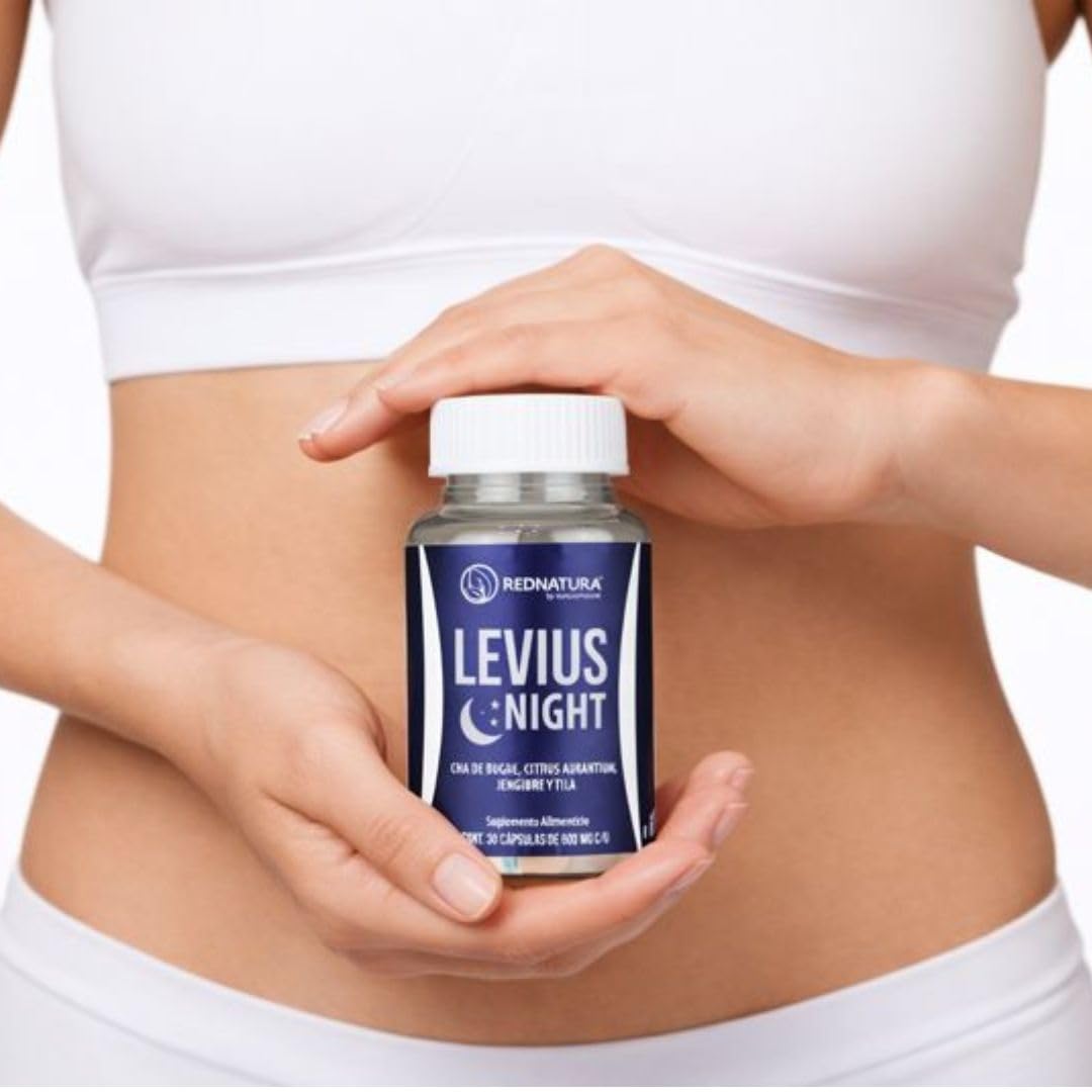 Red Natura Levius Night herbal supplement capsules on a wooden surface