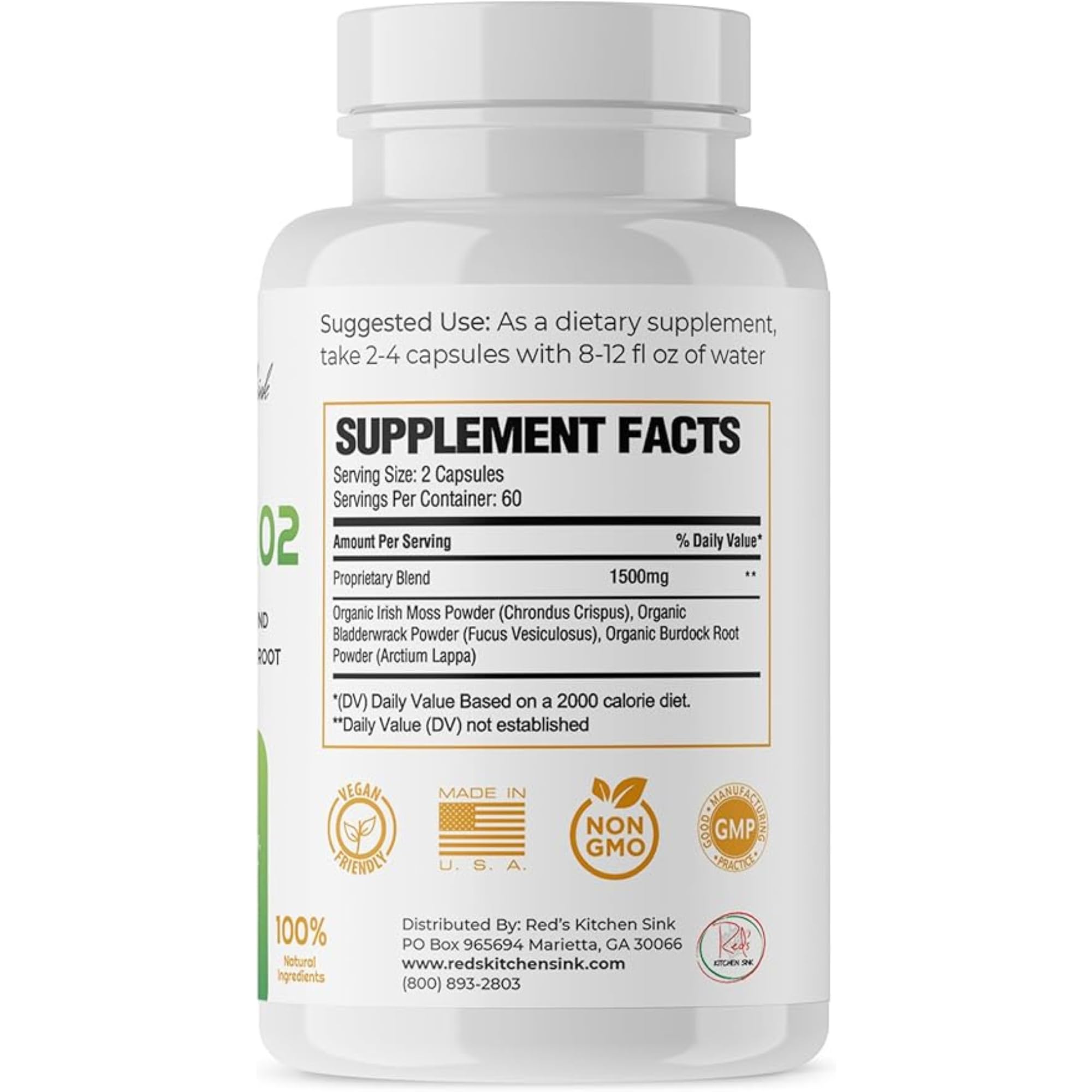 Red's Kitchen Sink Sea Moss Capsules showing serving size