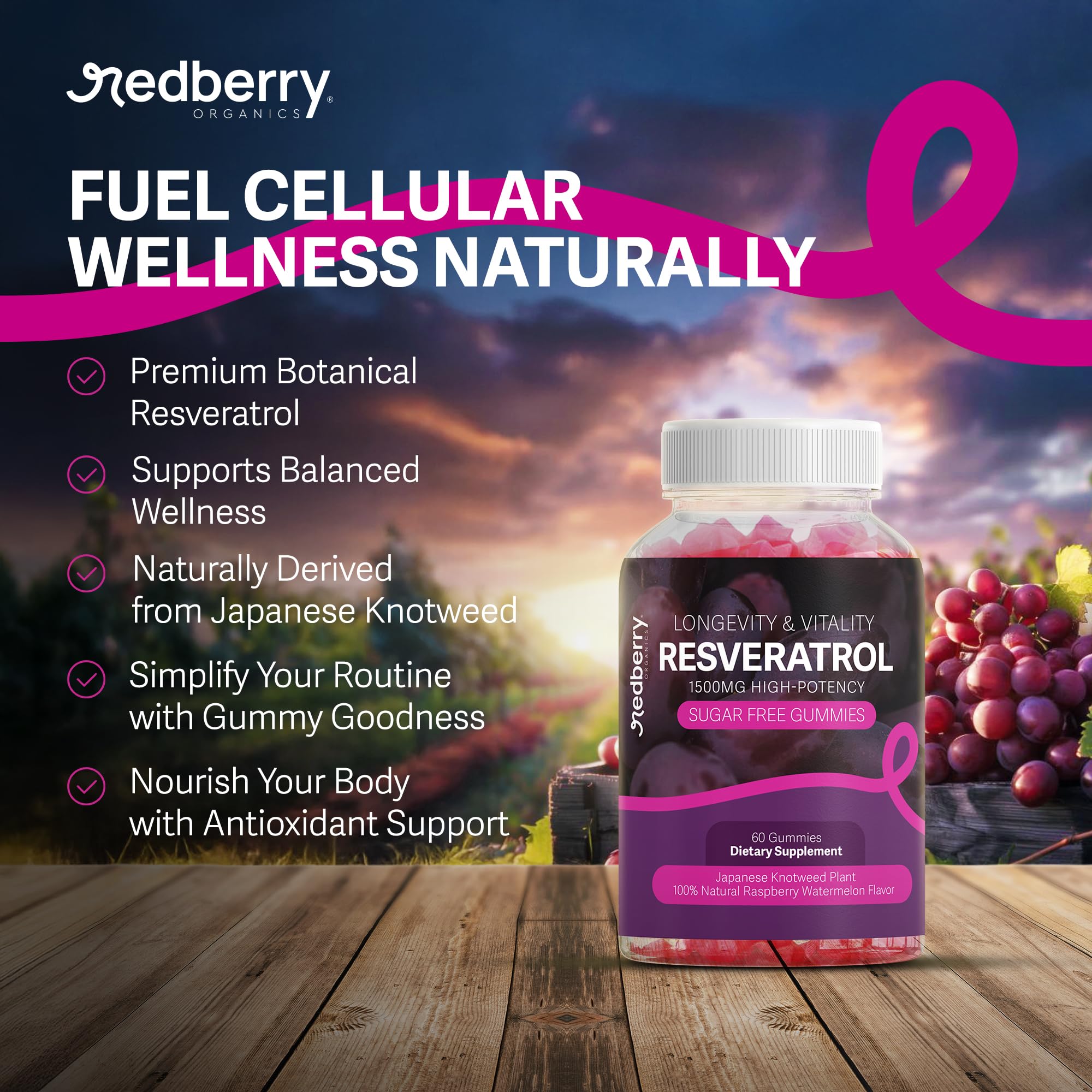 Redberry Organics Resveratrol Gummies 1500mg close-up of gummies